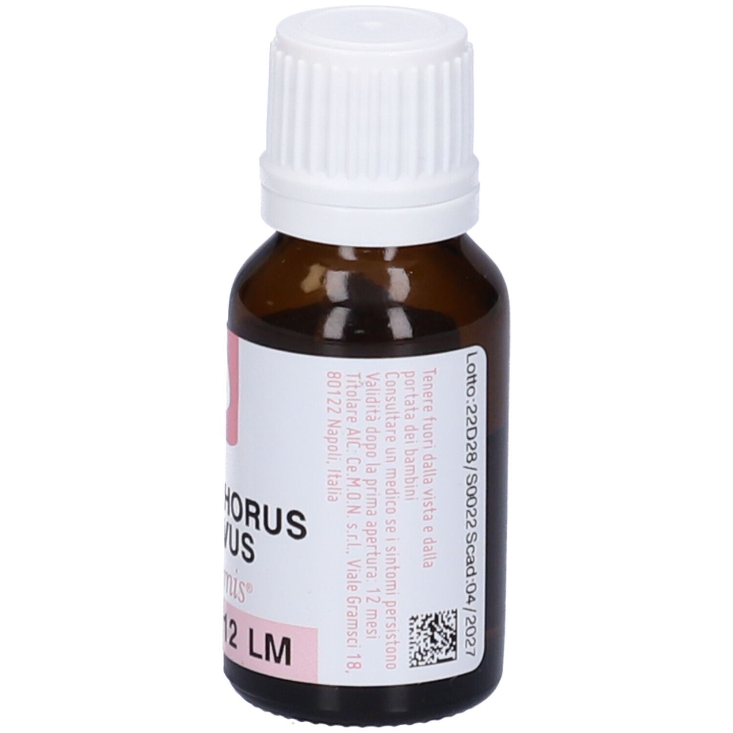 Flacone di vetro marrone con tappo bianco. Scritte: Phosphorus Flavus 12 LM, dynamis. Contiene 10 ml.