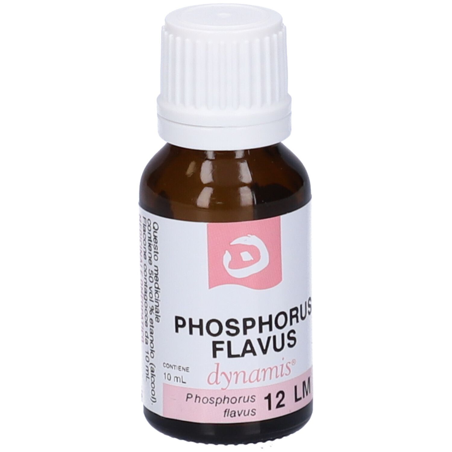 Flacone di vetro marrone con tappo bianco. Scritte: Phosphorus Flavus 12 LM, dynamis. Contiene 10 ml.