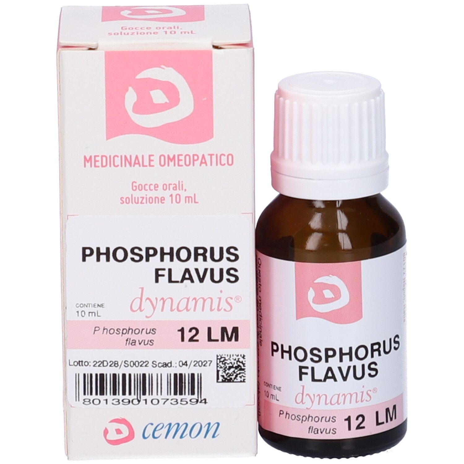 Flacone di vetro marrone e scatola. Scritte: Phosphorus Flavus 12 LM, dynamis. Contiene 10 ml.