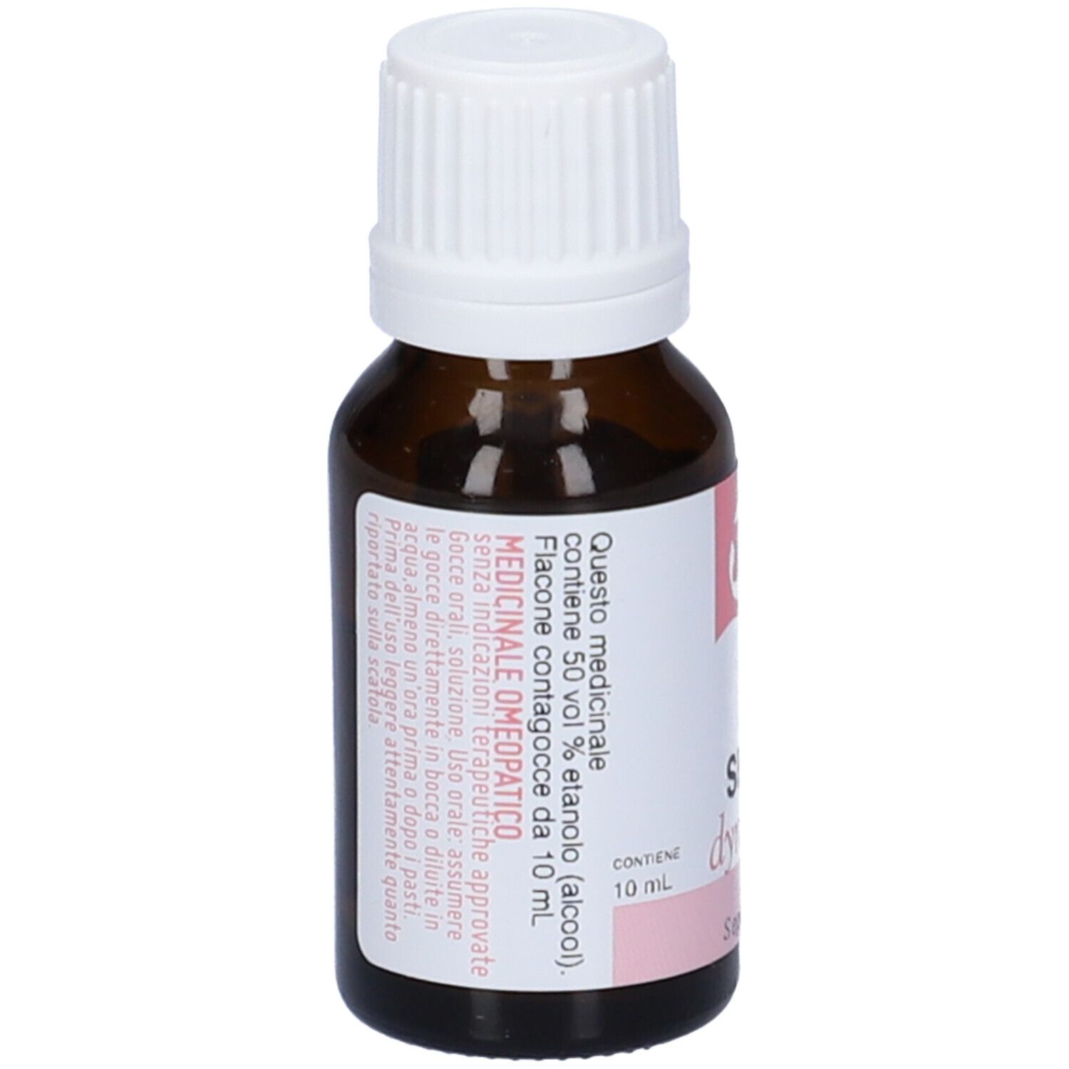 Flacone di vetro marrone con tappo bianco. Etichetta con testo e logo rosa. Contiene 50% etanolo.