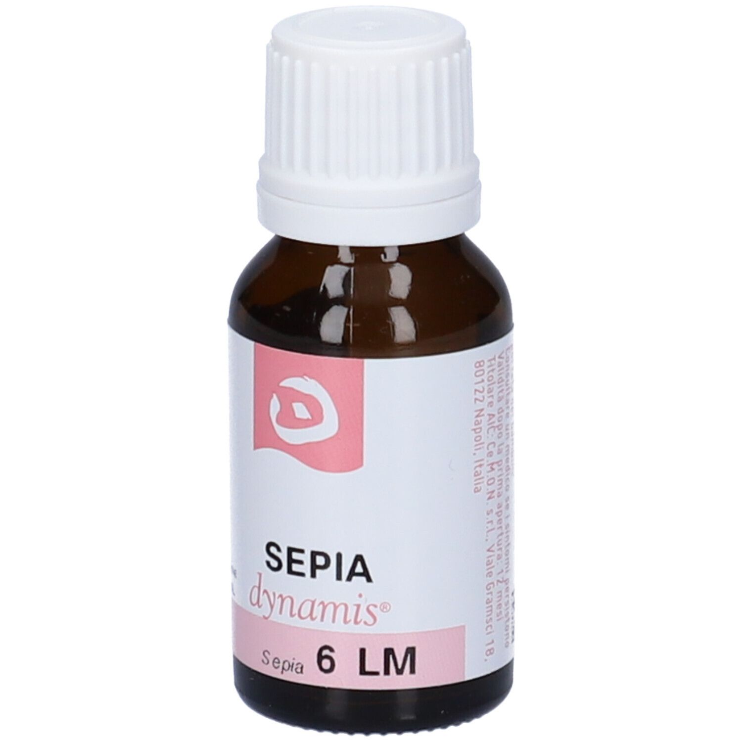 Flacone di vetro marrone con tappo bianco. Etichetta rosa con testo: Sepia dynamis 6 LM.