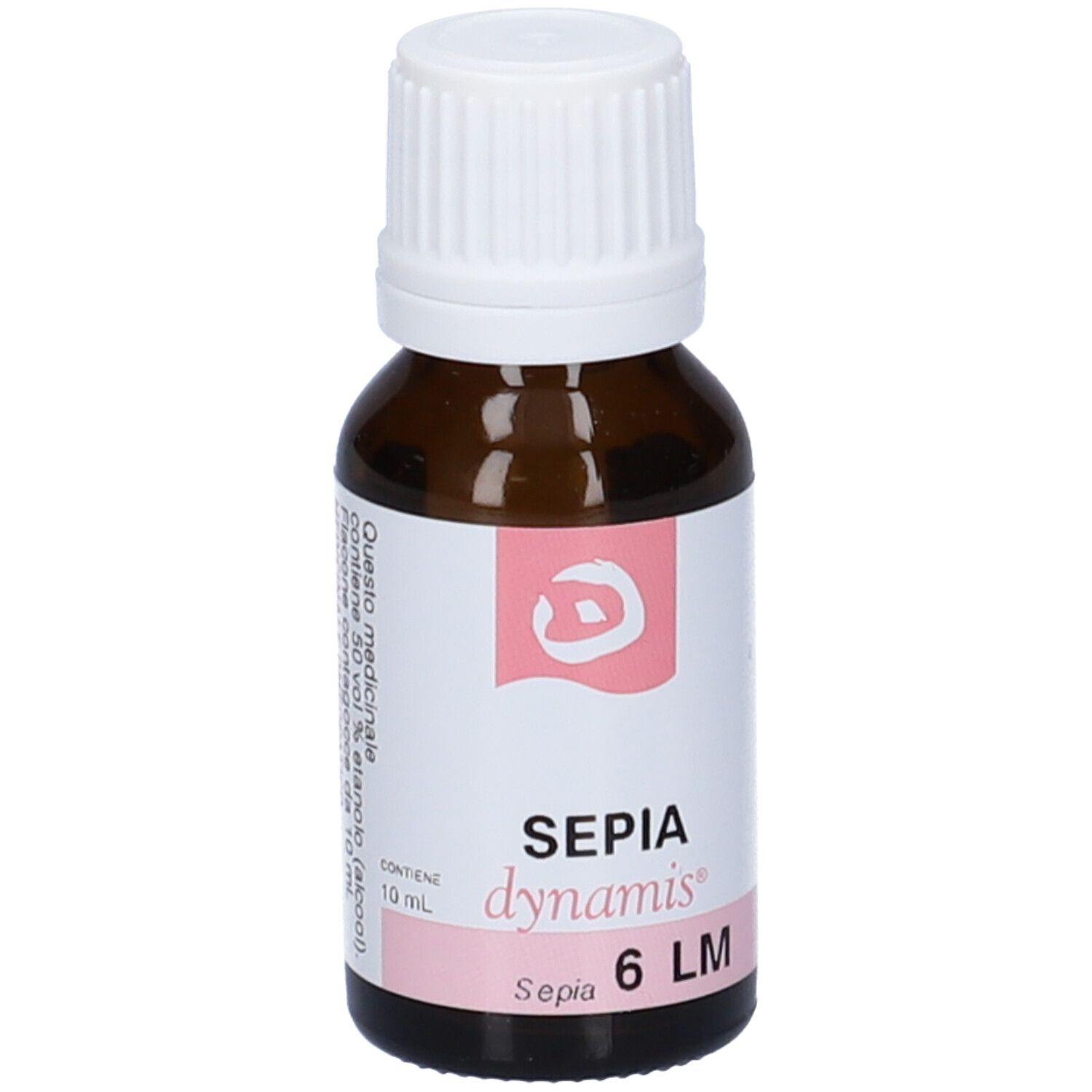 Flacone di vetro marrone con tappo bianco. Etichetta rosa con testo: Sepia dynamis 6 LM.