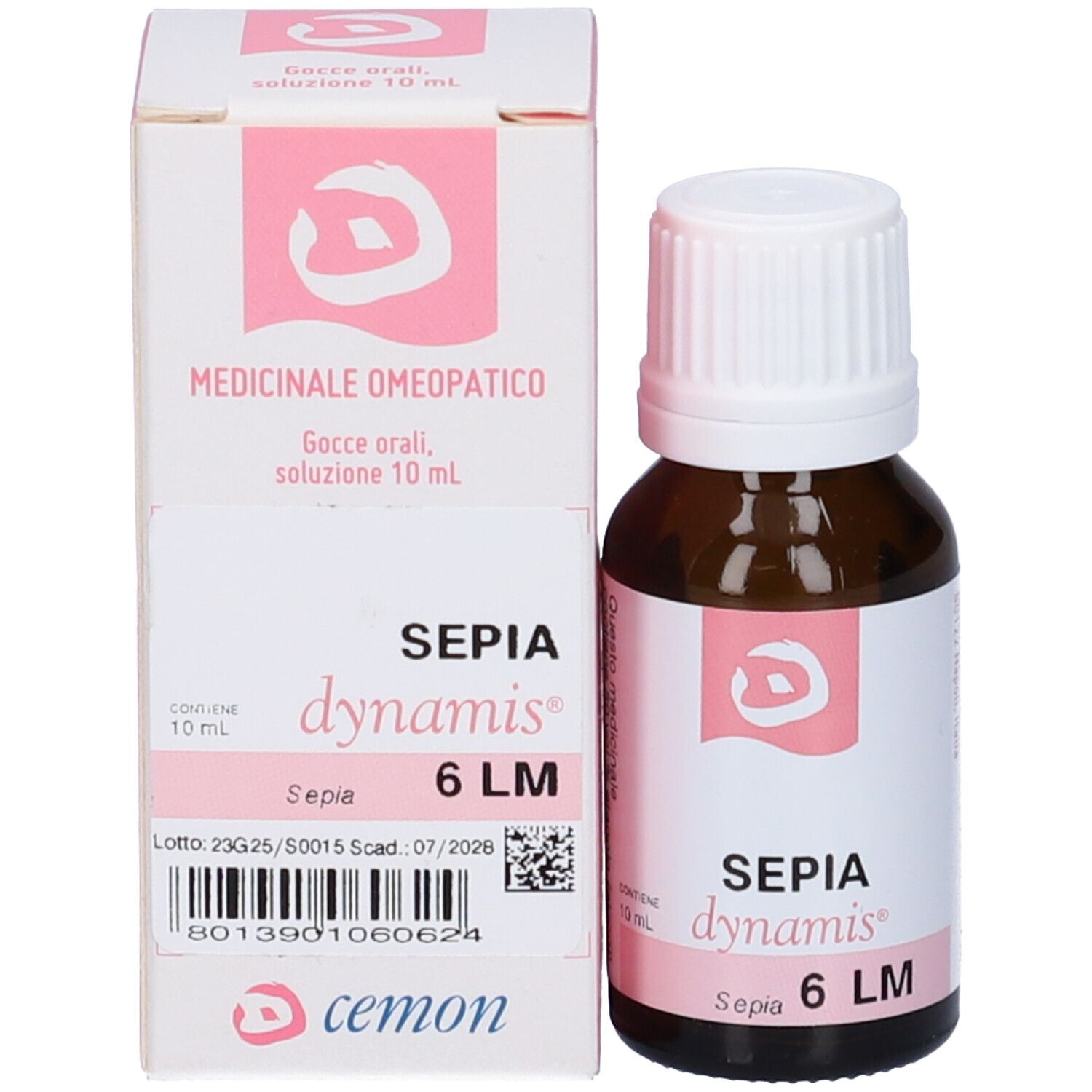 Confezione del prodotto con flacone. Scatola bianca con logo e testo rosa. Flacone: Sepia dynamis 6 LM.