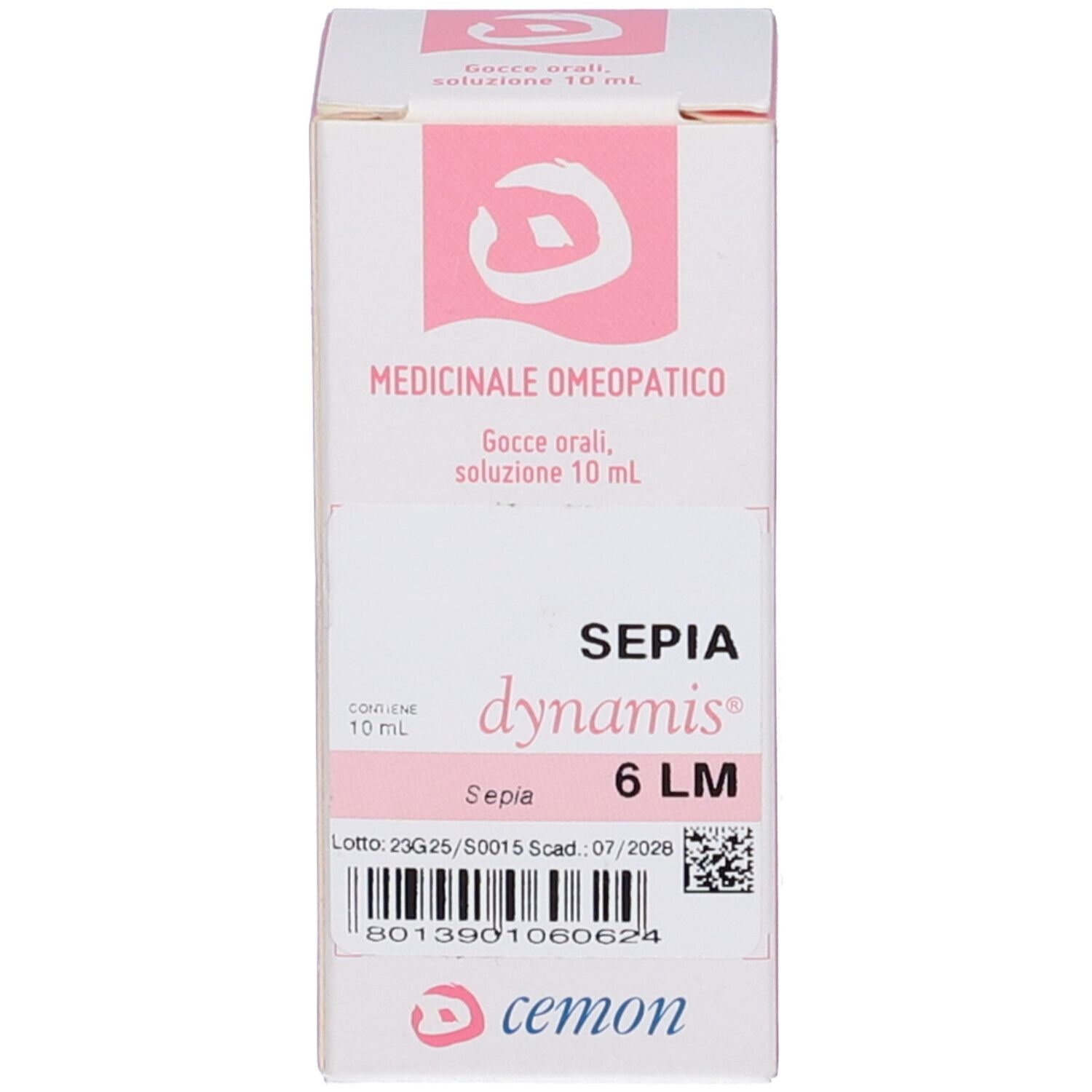 Confezione bianca con logo e testo rosa. Contiene un flacone di Sepia dynamis 6 LM.
