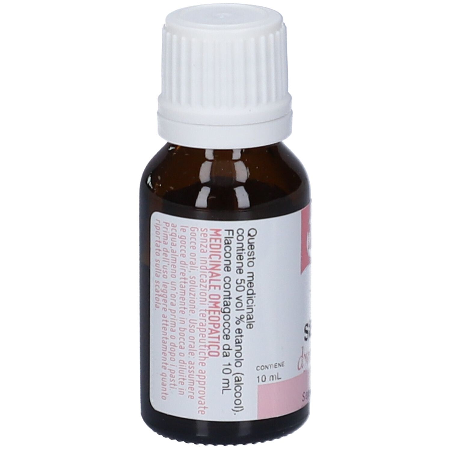 Flacone di vetro marrone con tappo bianco. Etichetta con testo. Contiene 50% etanolo. Informazioni mediche.