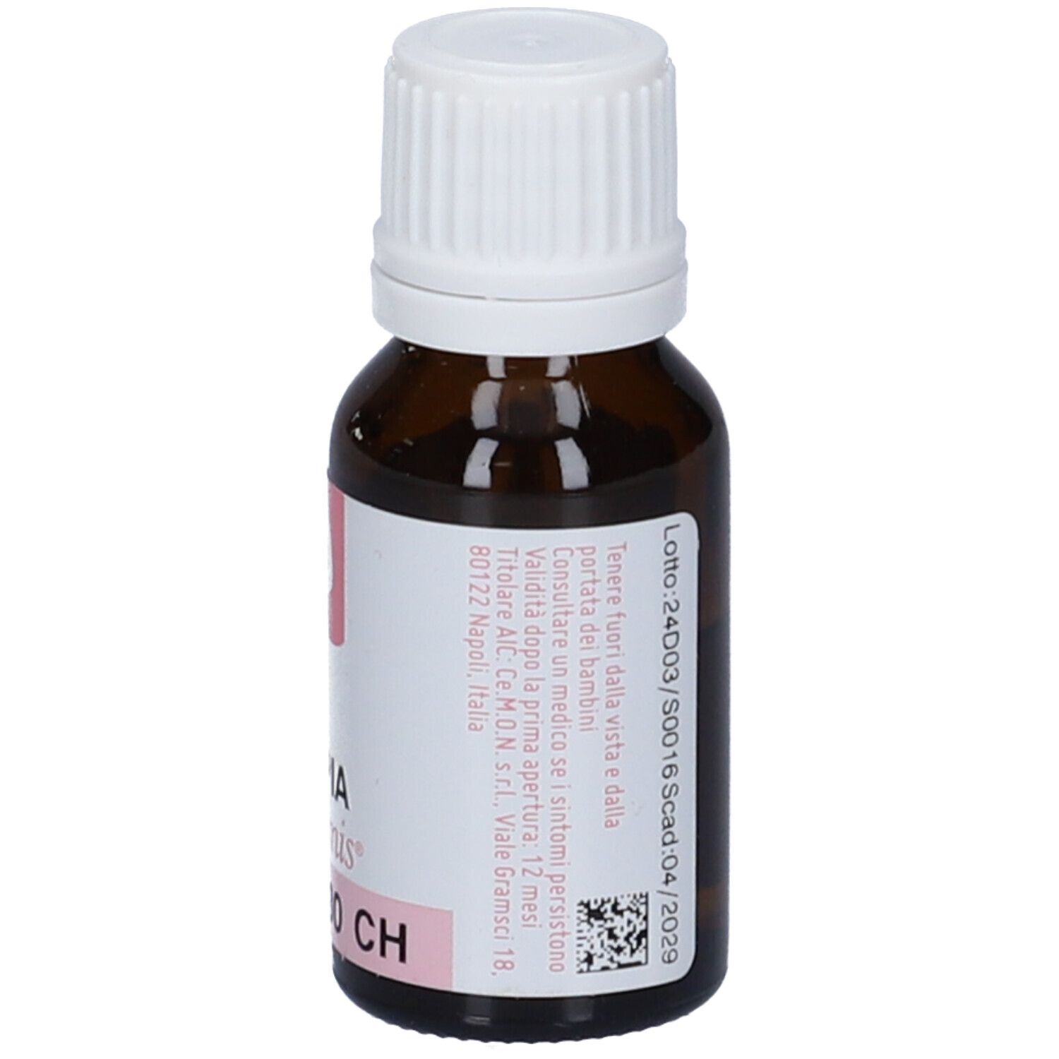 Flacone di vetro marrone con tappo bianco. Etichetta con testo. Numero di lotto e data di scadenza.