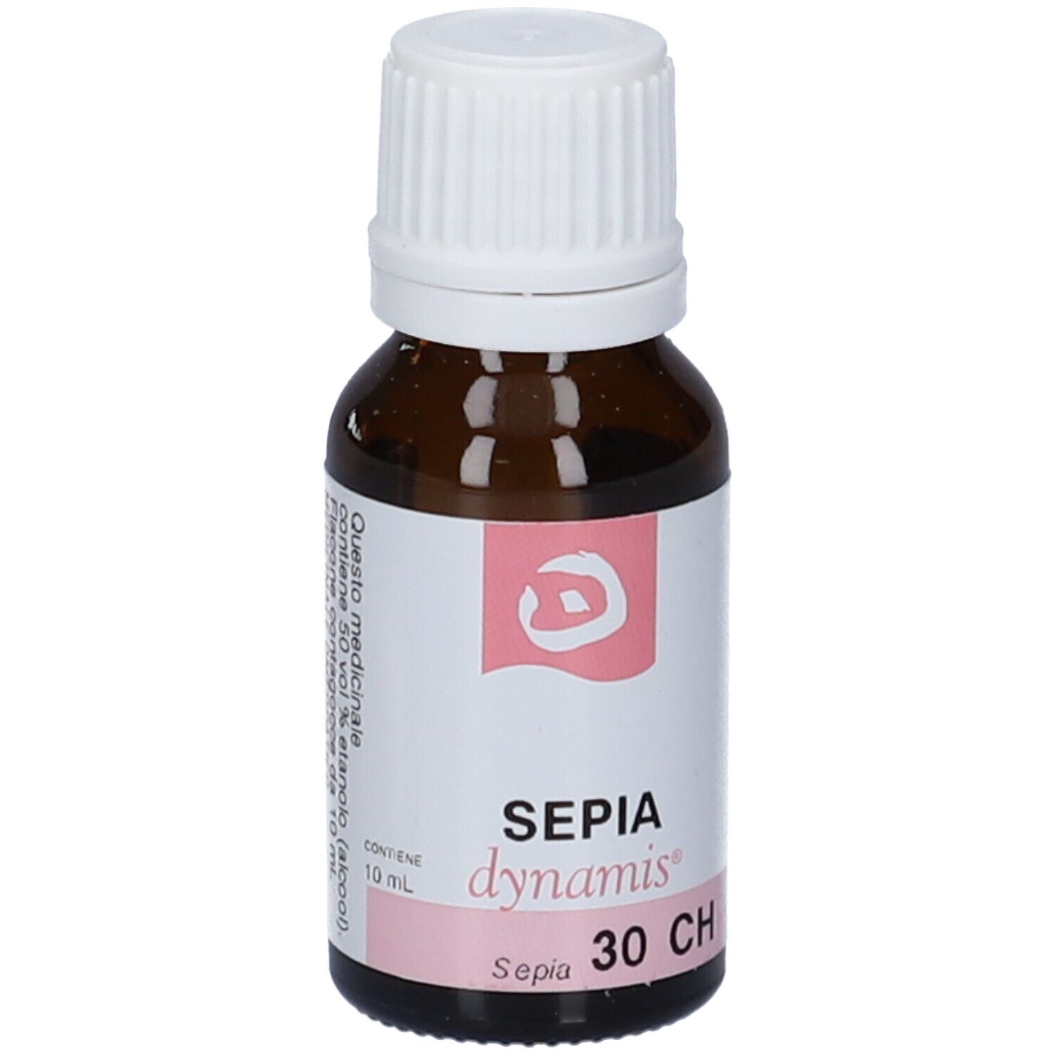 Flacone di vetro marrone con tappo bianco. Etichetta con testo: Sepia 30 CH. Logo e informazioni prodotto.