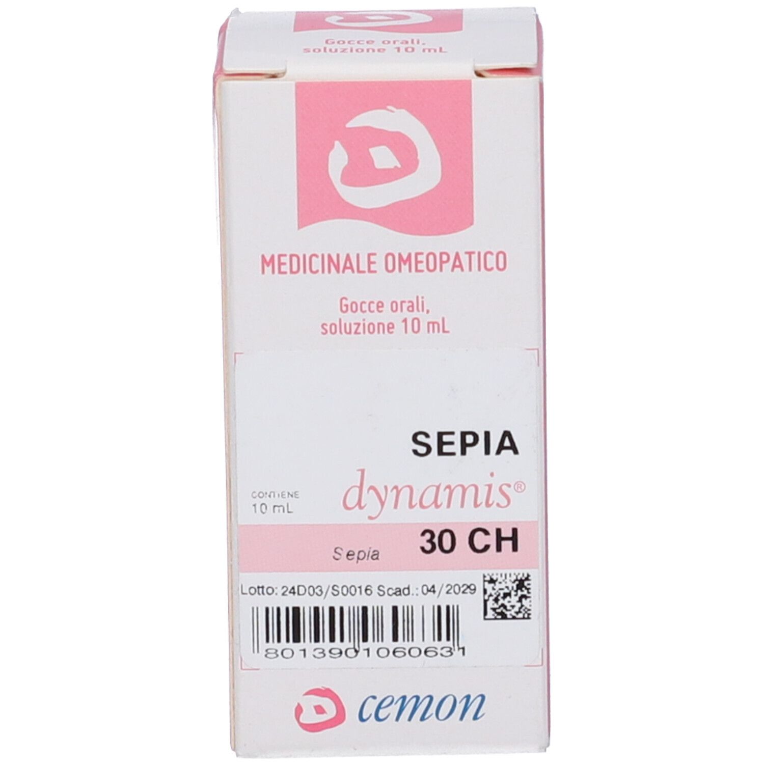 Confezione del prodotto. Scatola bianca con accenti rosa. Testo: Medicinale, Sepia 30 CH. Logo.