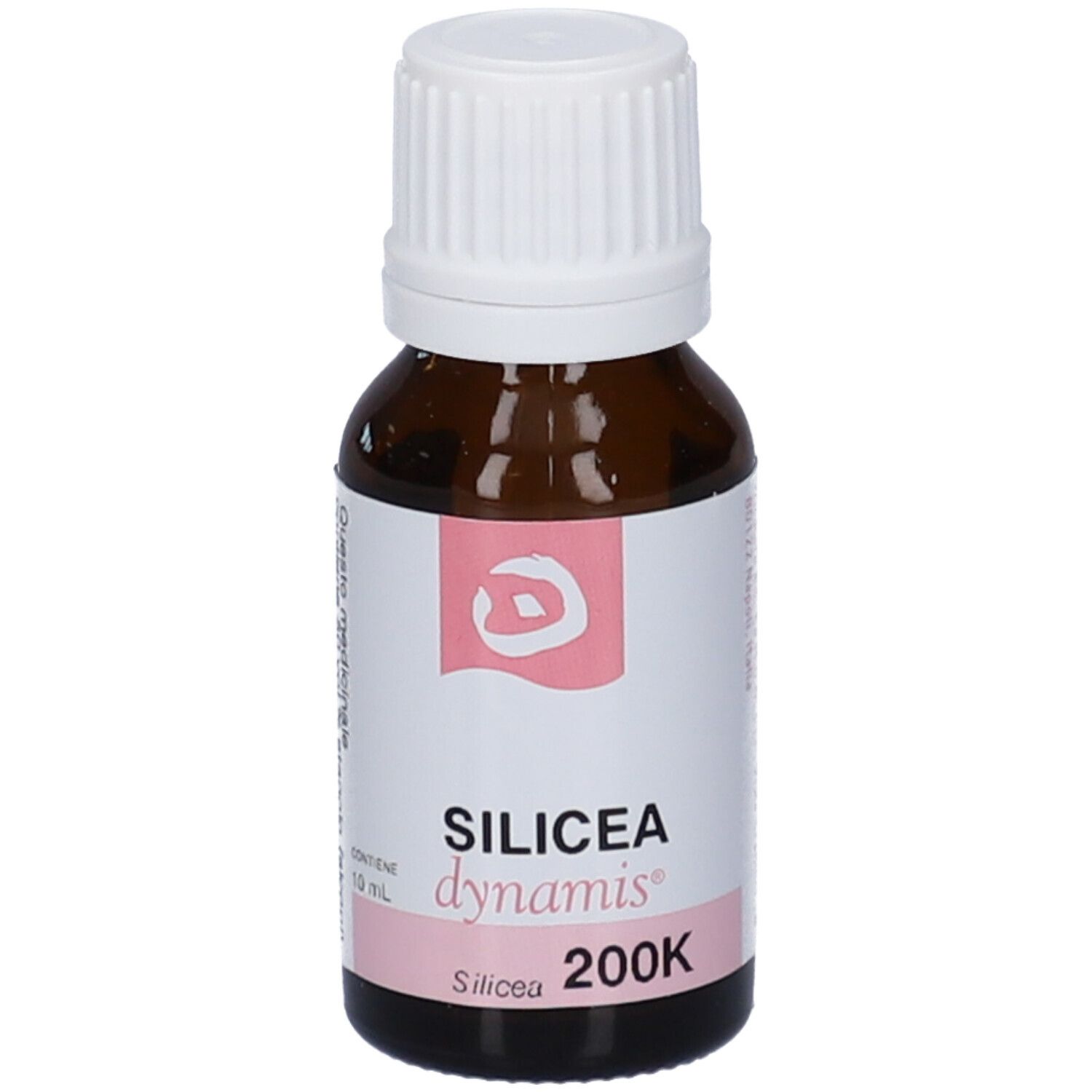 Flacone di vetro marrone con tappo bianco. Etichetta: Silicea dynamis 200K. Marchio Cemon.