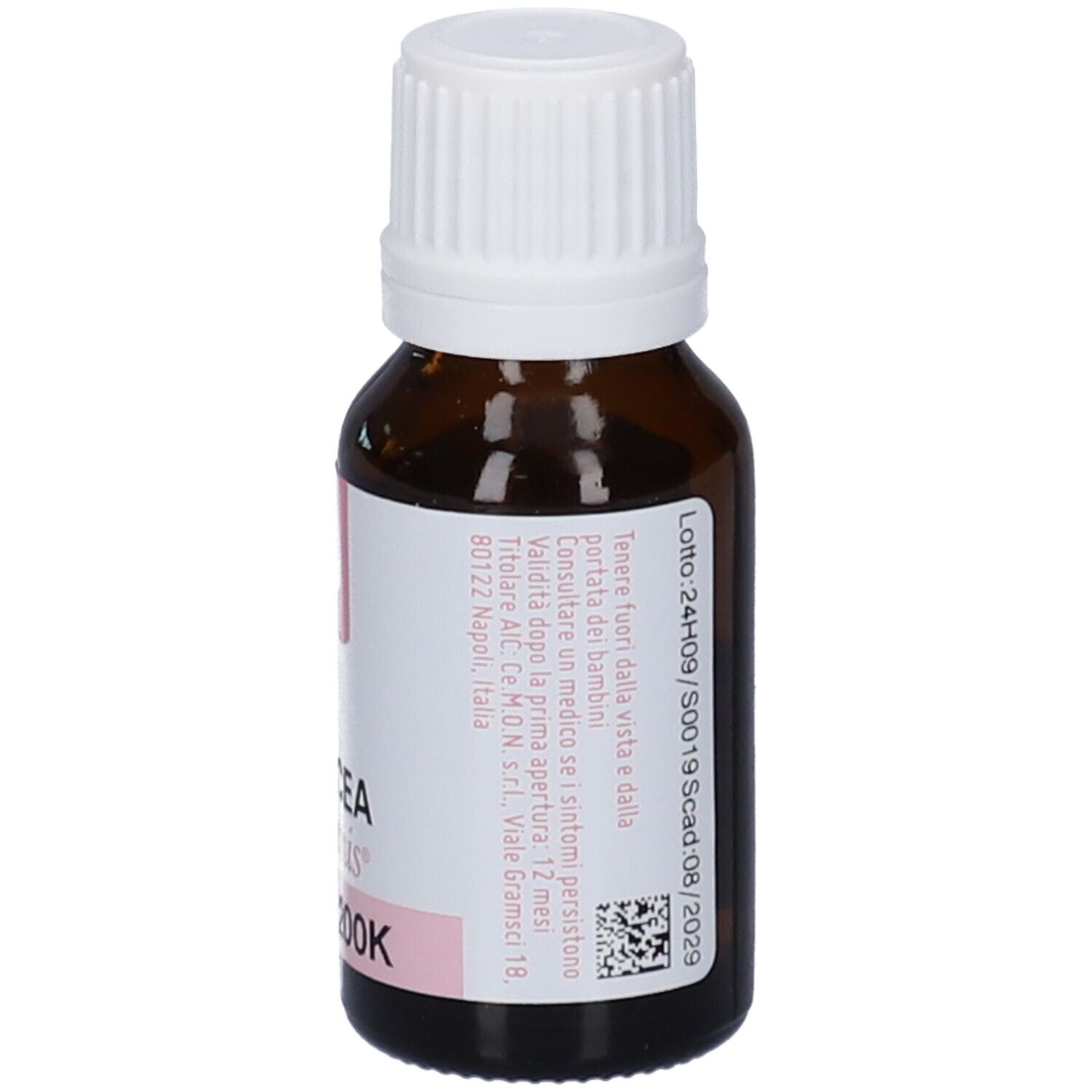 Flacone di vetro marrone con tappo bianco. Etichetta: Silicea dynamis 200K. Indirizzo del produttore.