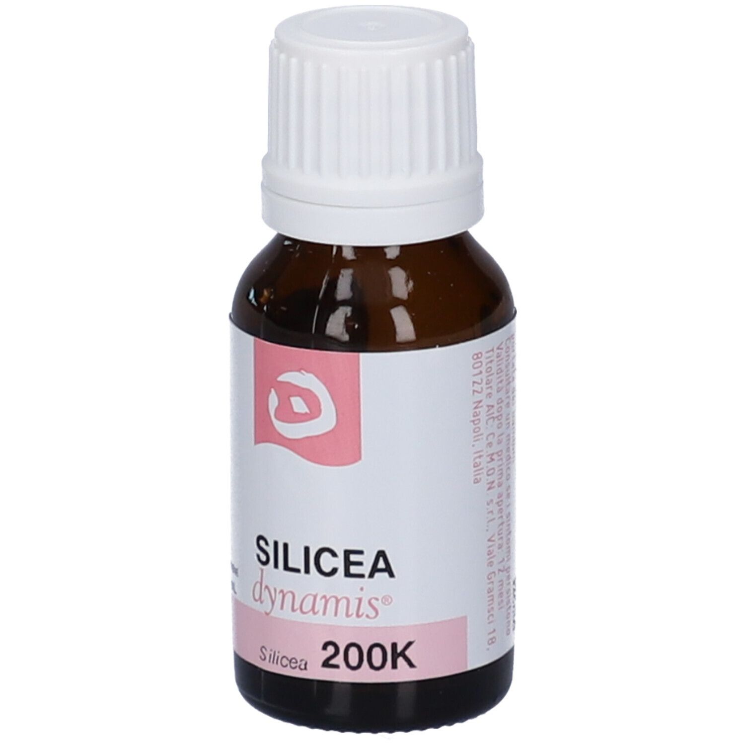 Flacone di vetro marrone con tappo bianco. Etichetta: Silicea dynamis 200K. Marchio Cemon.