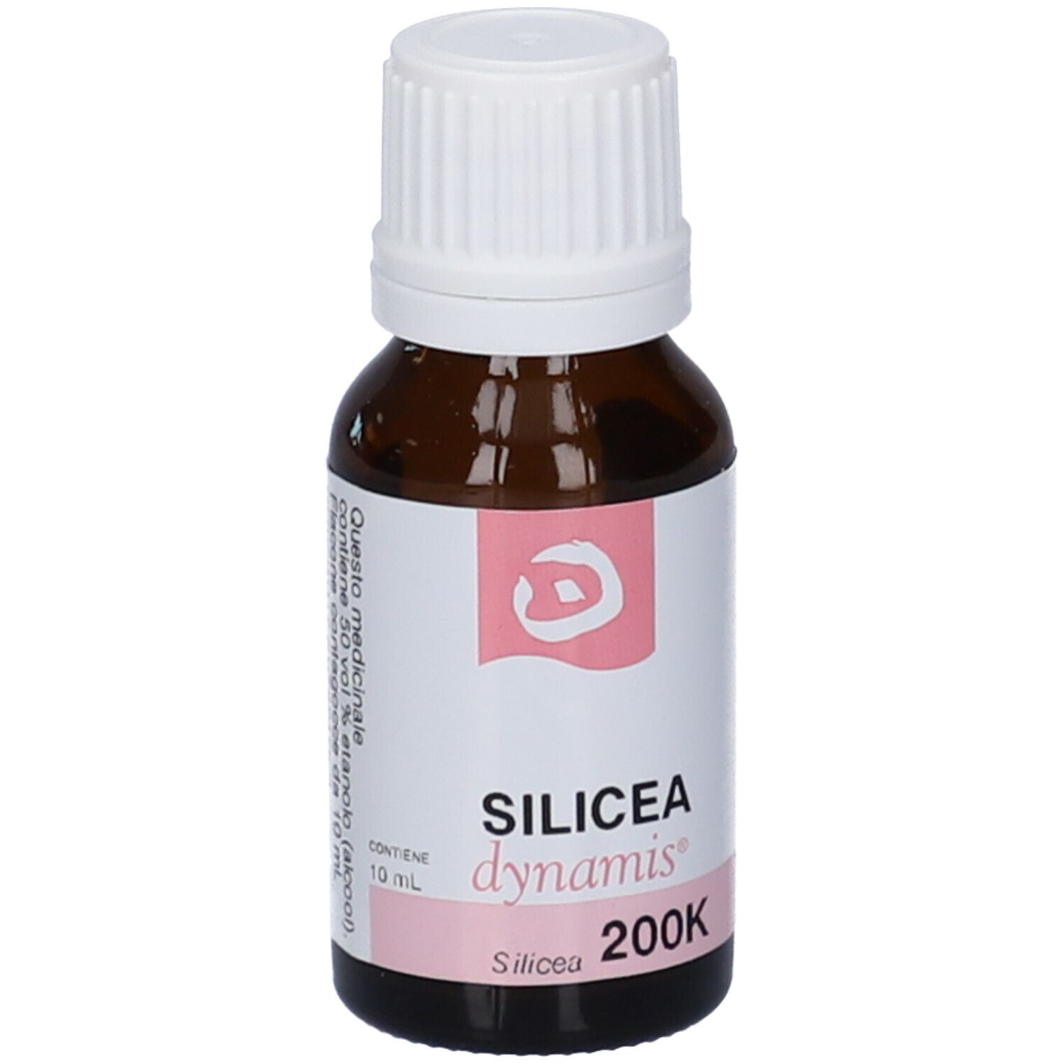 Flacone di vetro marrone con tappo bianco. Etichetta: Silicea dynamis 200K. Contiene 10 ml.