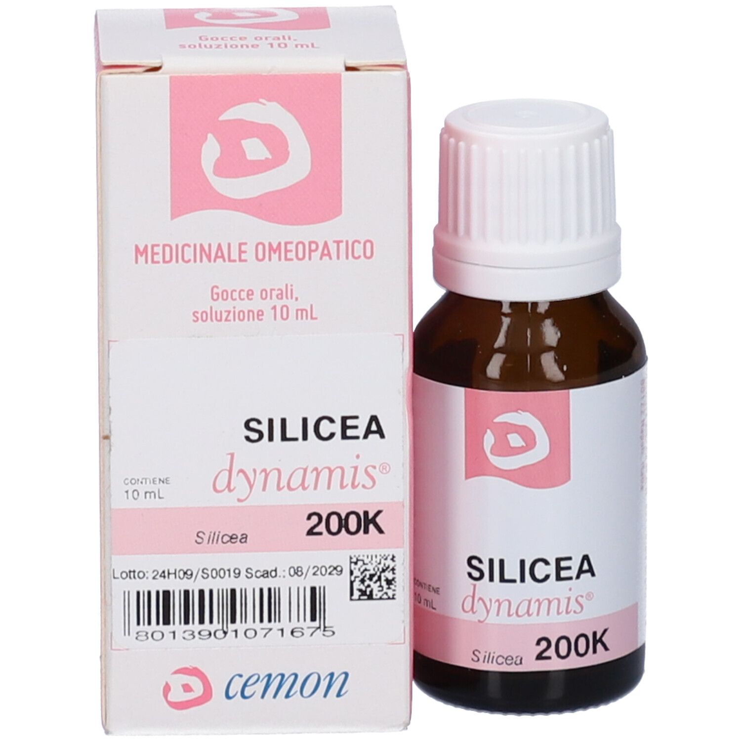 Confezione del prodotto con flacone. Scritta: Silicea dynamis 200K. Marchio Cemon. Contiene 10 ml.