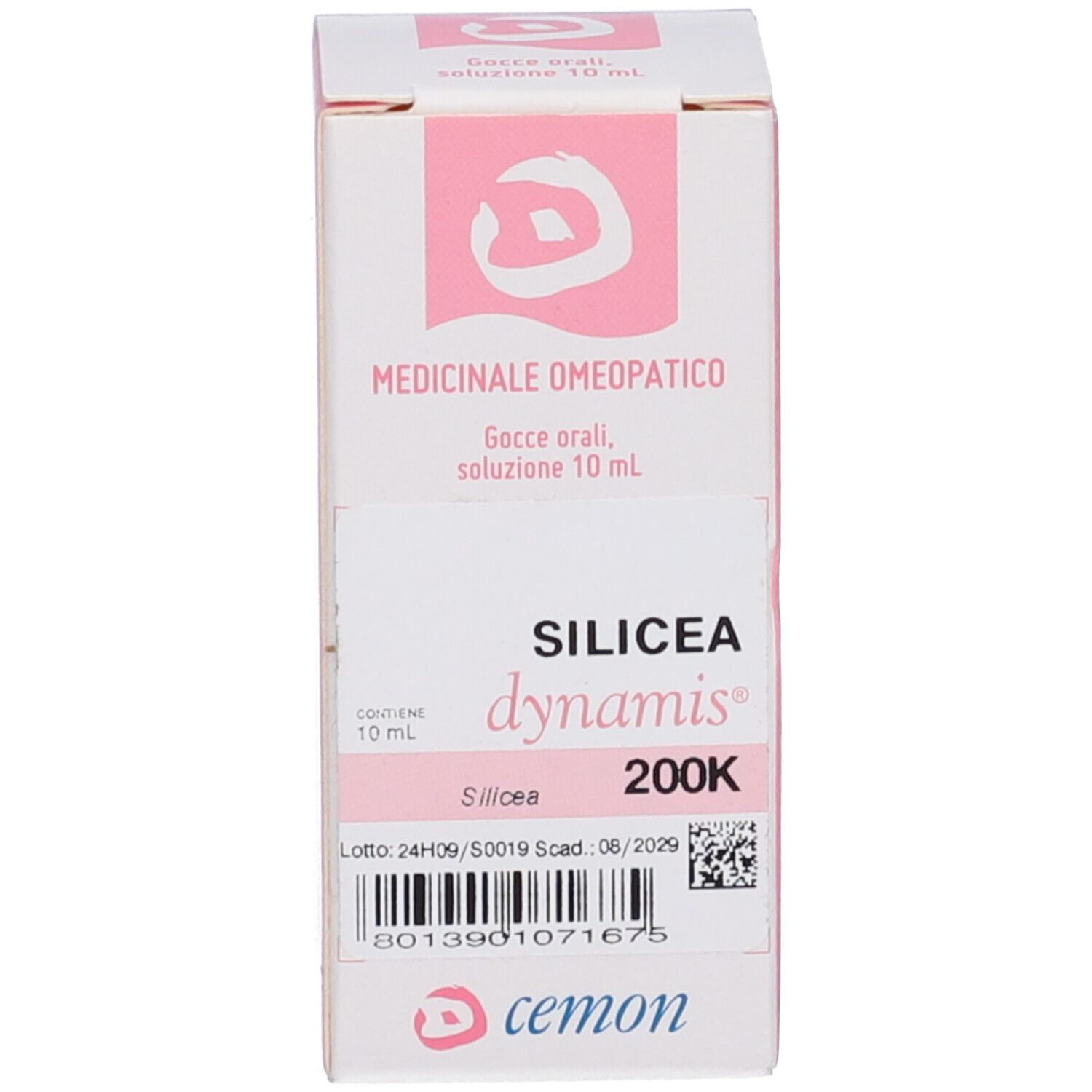Confezione del prodotto. Scritta: Silicea dynamis 200K. Marchio Cemon. Contiene 10 ml.