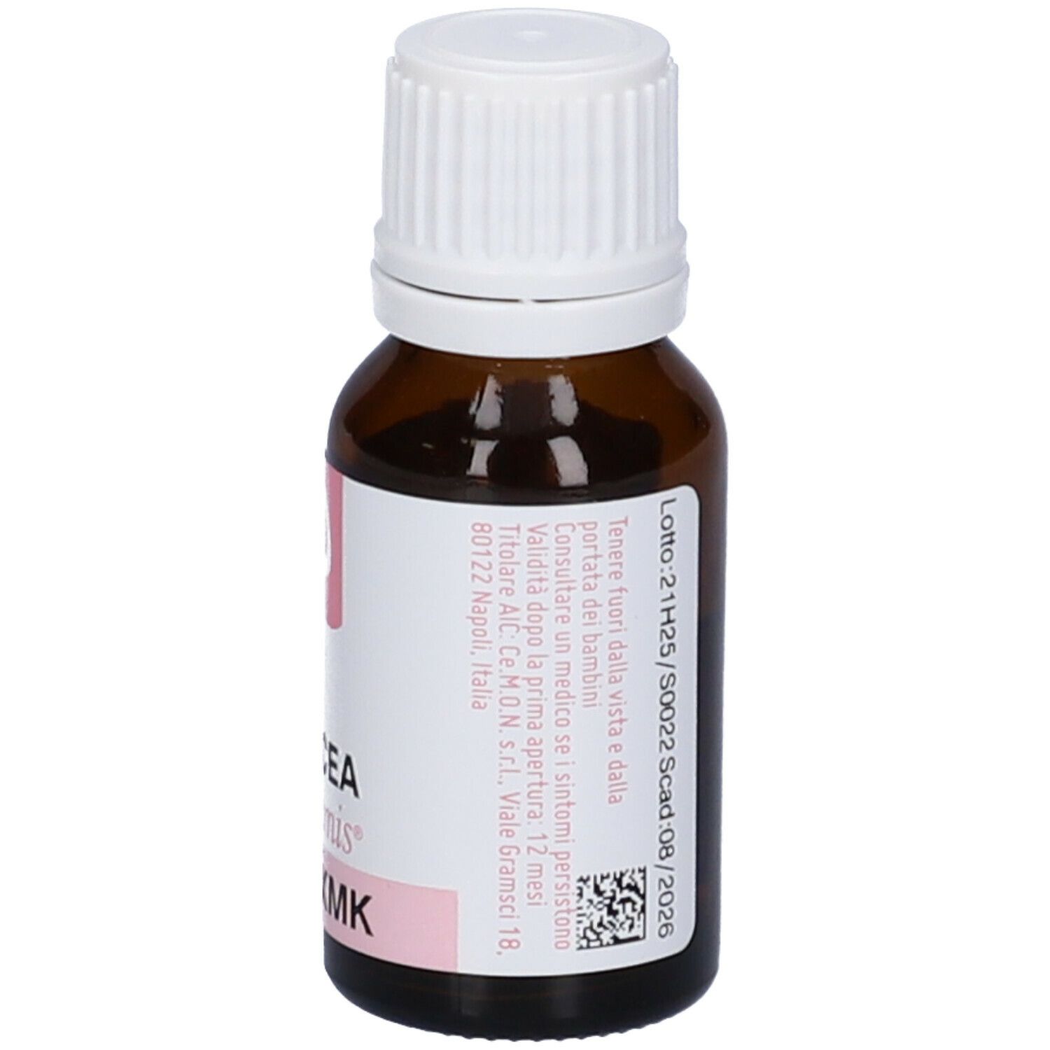 Flacone in vetro marrone con tappo bianco. Etichetta rosa con testo. Scritta: Silicea dynamis XMK.
