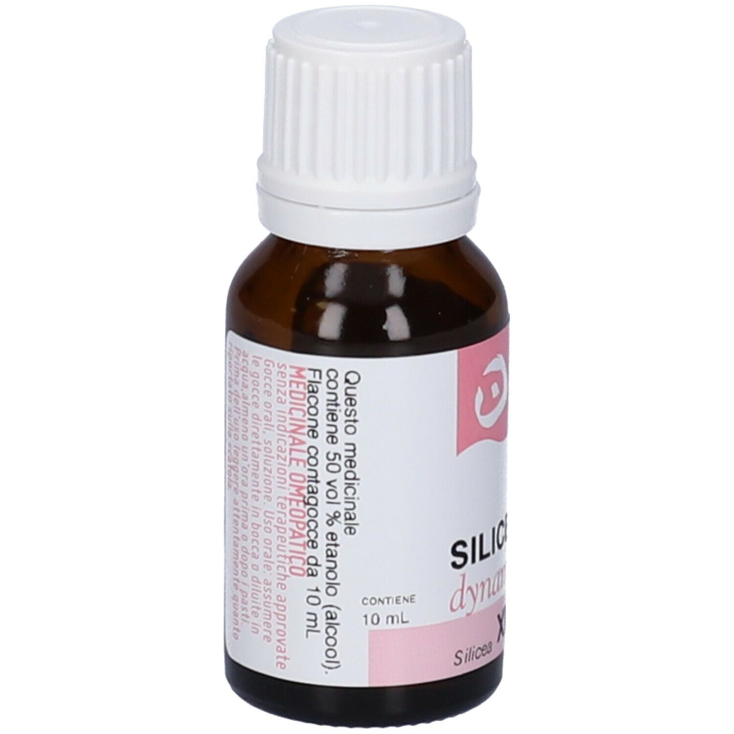 Flacone in vetro marrone con tappo bianco. Etichetta rosa con testo. Scritta: Silicea dynamis XMK.
