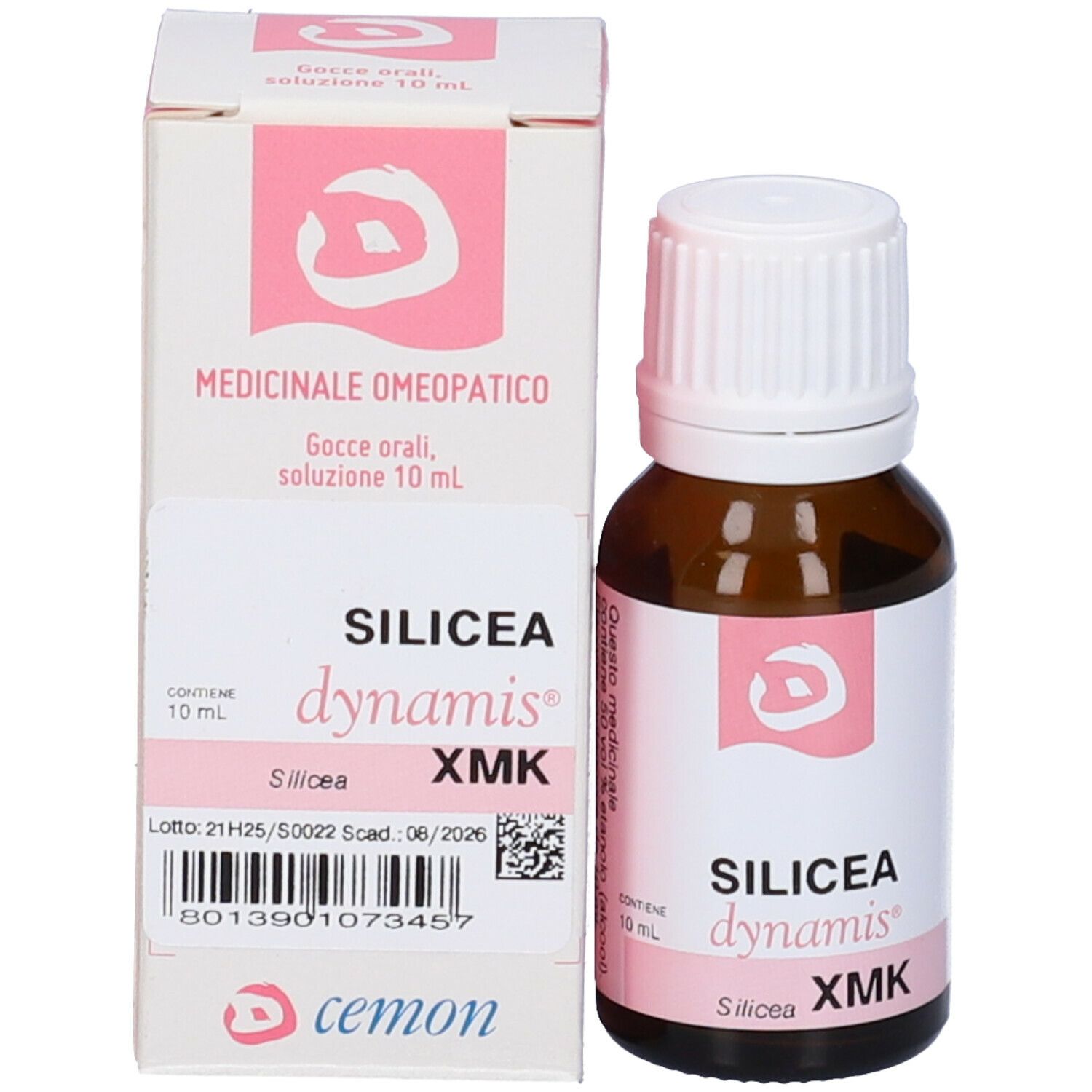 Flacone in vetro marrone e scatola. Scritta: Silicea dynamis XMK, cemon.