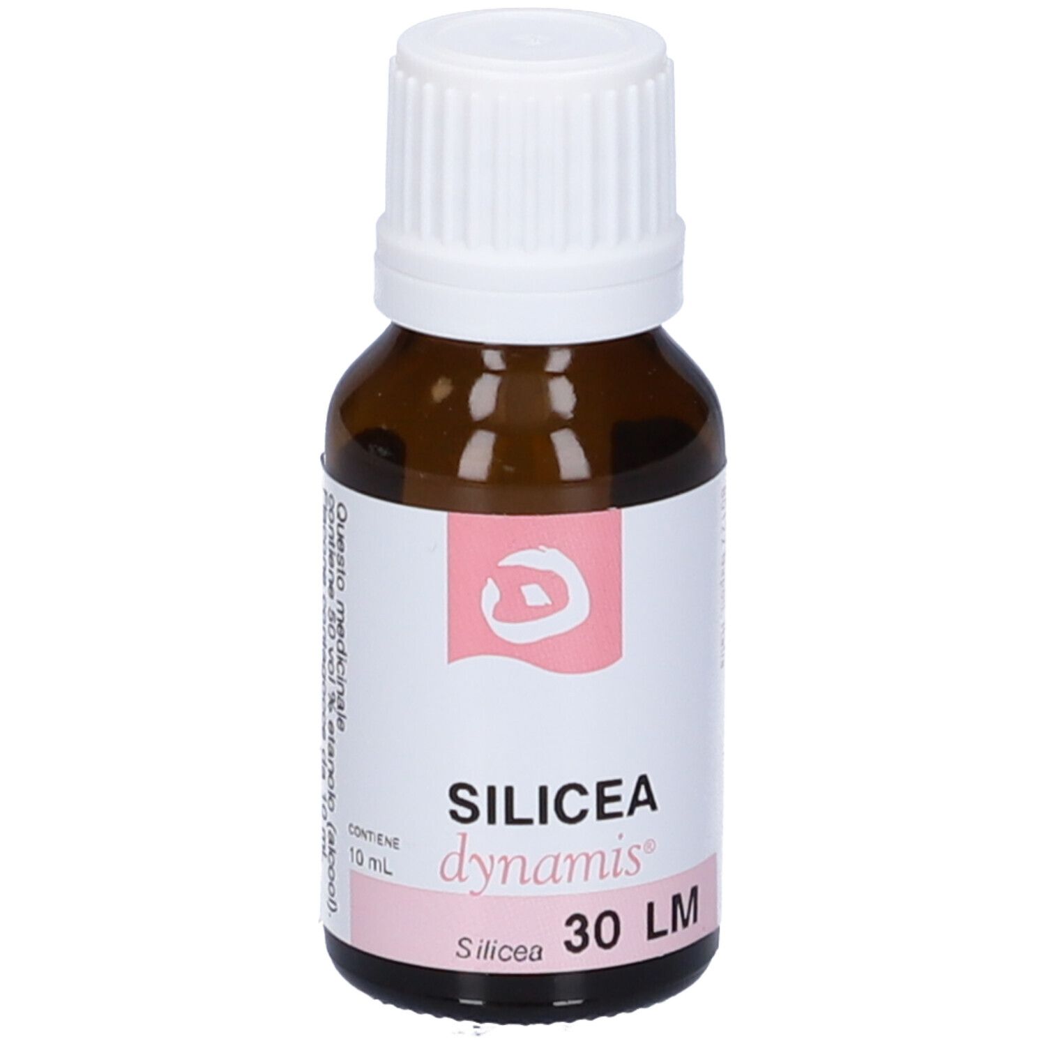 Flacone in vetro marrone con tappo bianco. Scritta: SILICEA dynamis 30 LM.