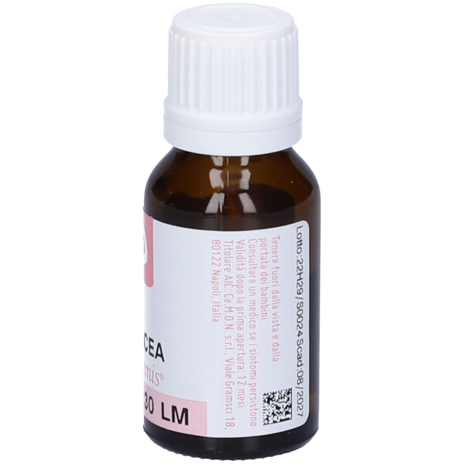 Flacone in vetro marrone con tappo bianco. Scritta: SILICEA dynamis 30 LM.