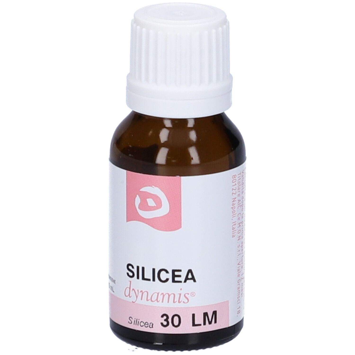 Flacone in vetro marrone con tappo bianco. Scritta: SILICEA dynamis 30 LM.