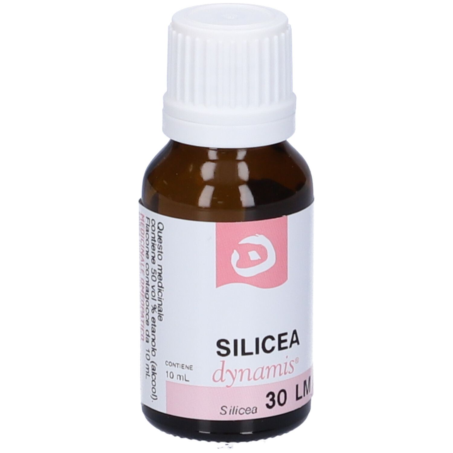 Flacone in vetro marrone con tappo bianco. Scritta: SILICEA dynamis 30 LM.