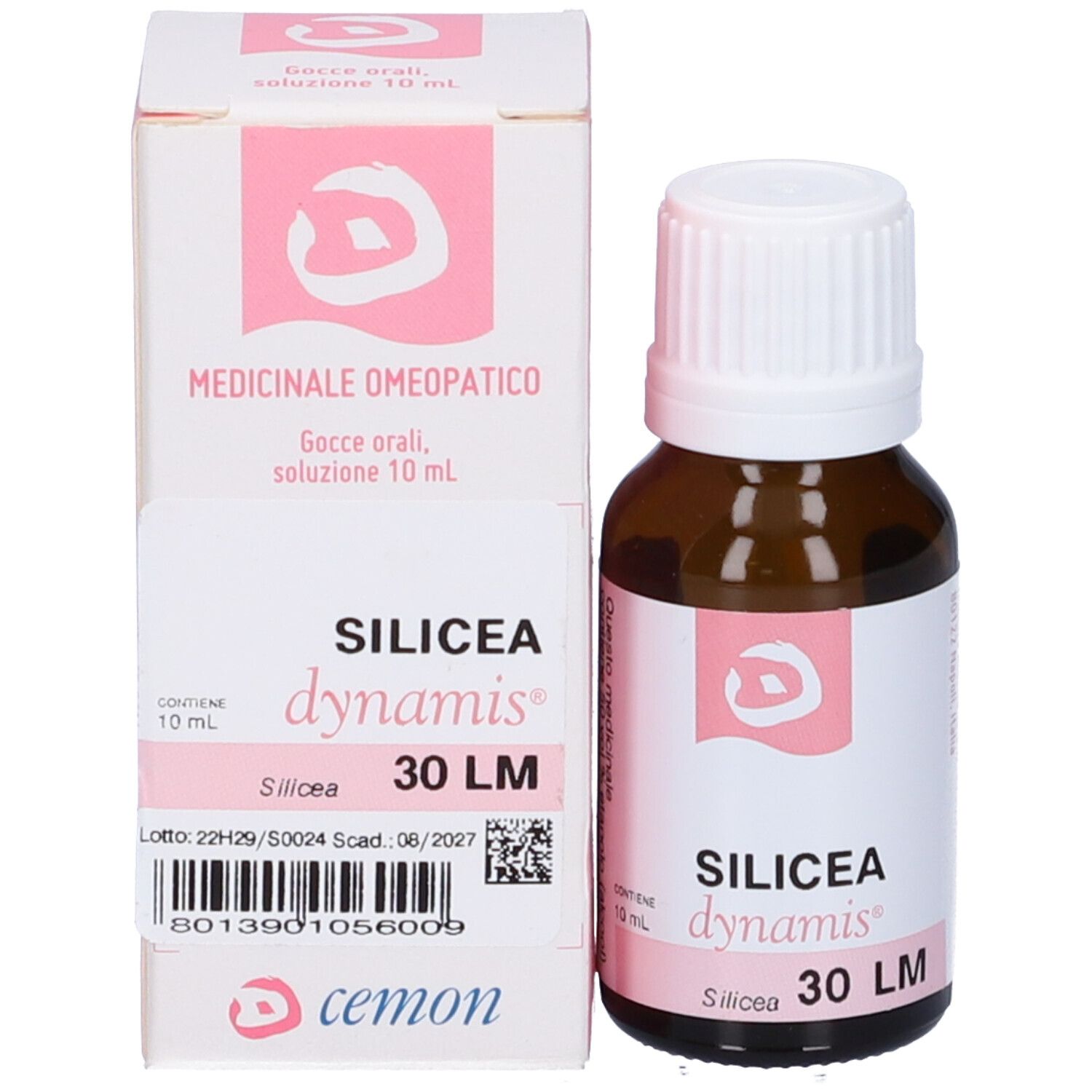 Flacone in vetro marrone e scatola. Scritta: SILICEA dynamis 30 LM, cemon.