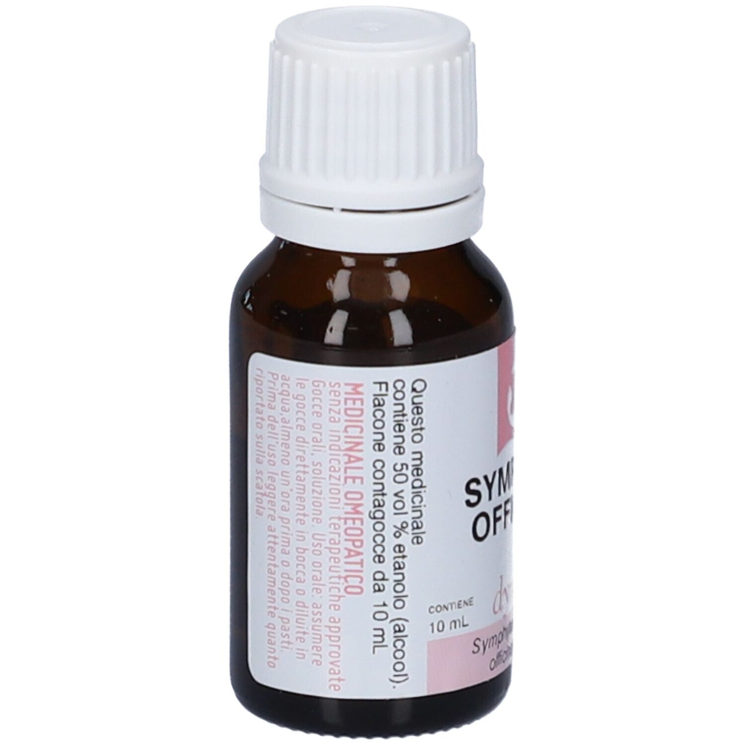 Flacone in vetro marrone, tappo bianco. Etichetta con testo e accento rosa. Contiene 50% etanolo.