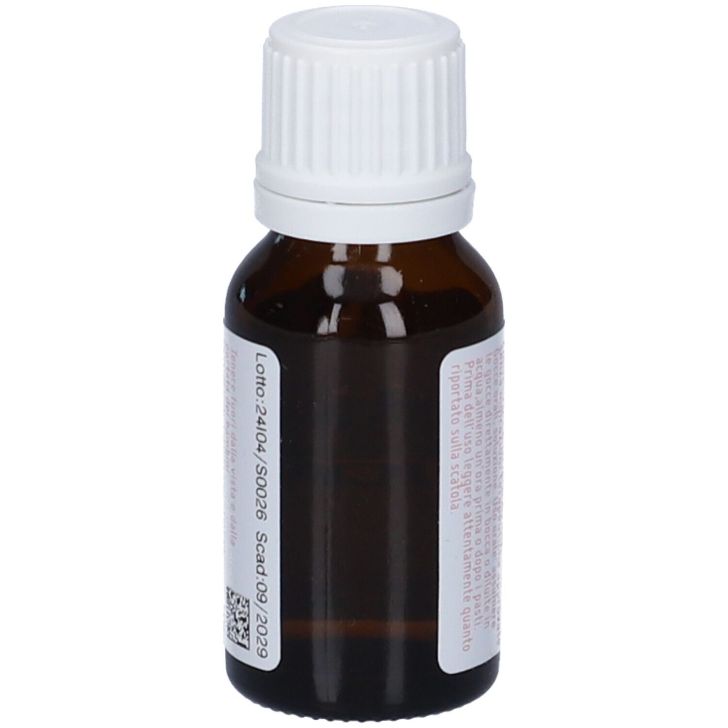 Flacone in vetro marrone, tappo bianco. Etichetta con testo e accento rosa. Numero di lotto e scadenza.