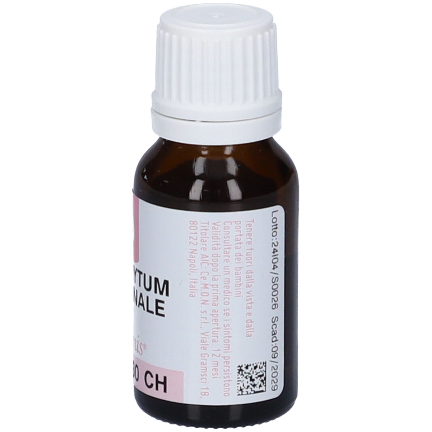 Flacone in vetro marrone, tappo bianco. Etichetta con testo e accento rosa. Contiene informazioni.