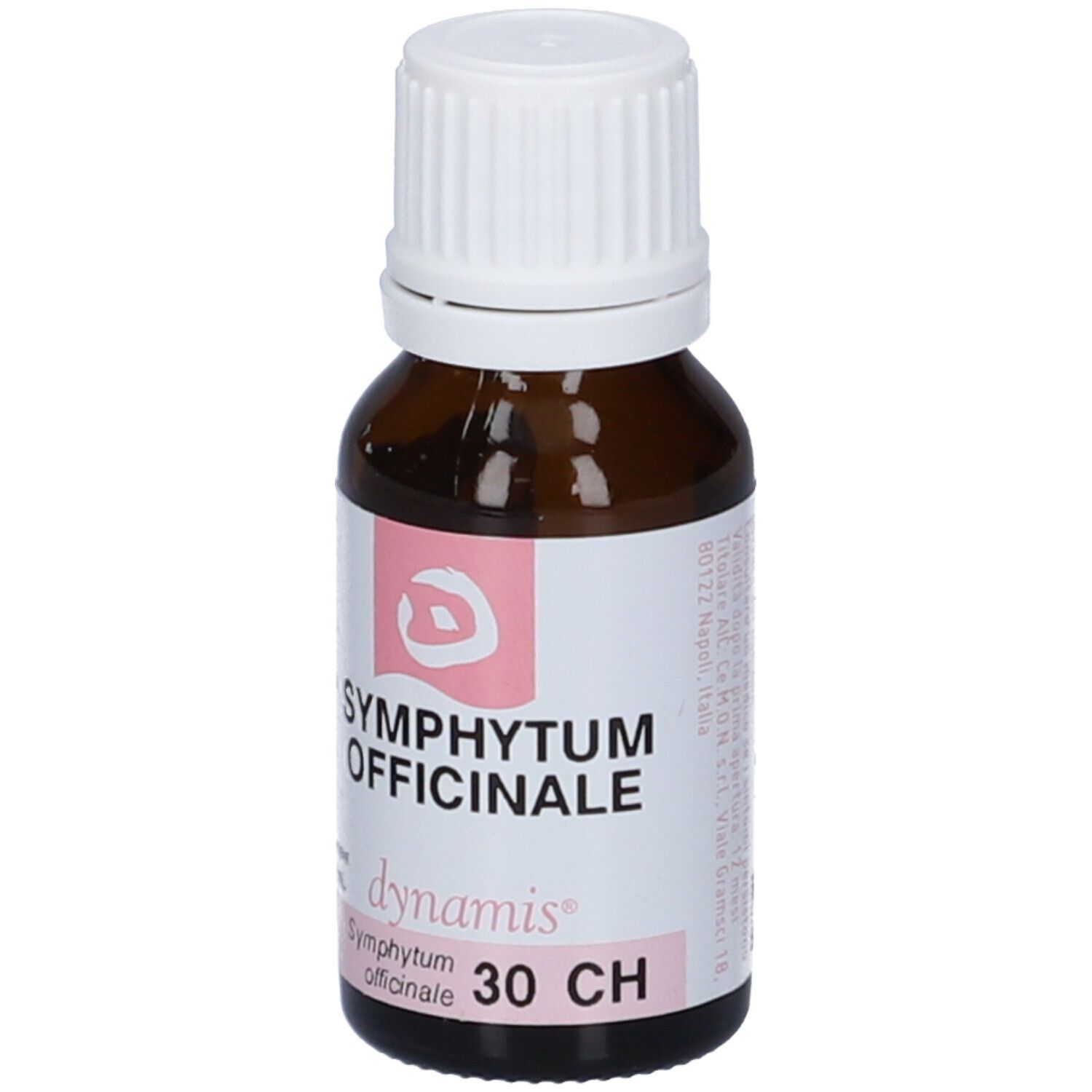 Flacone in vetro marrone, tappo bianco. Etichetta: Symphytum Officinale, dynamis, 30 CH. Accento rosa.
