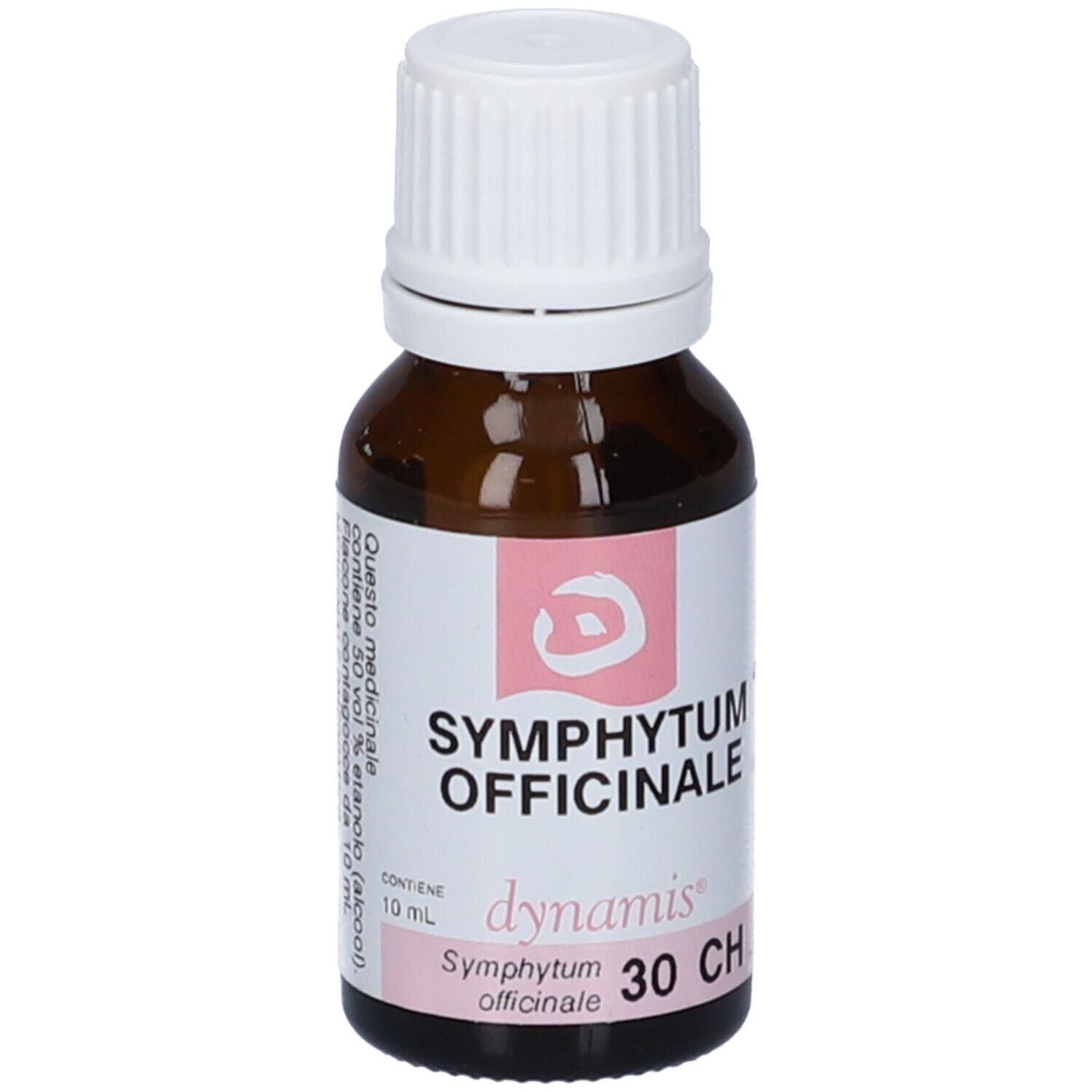 Flacone in vetro marrone, tappo bianco. Etichetta con testo e accento rosa. Contiene 10 ml.