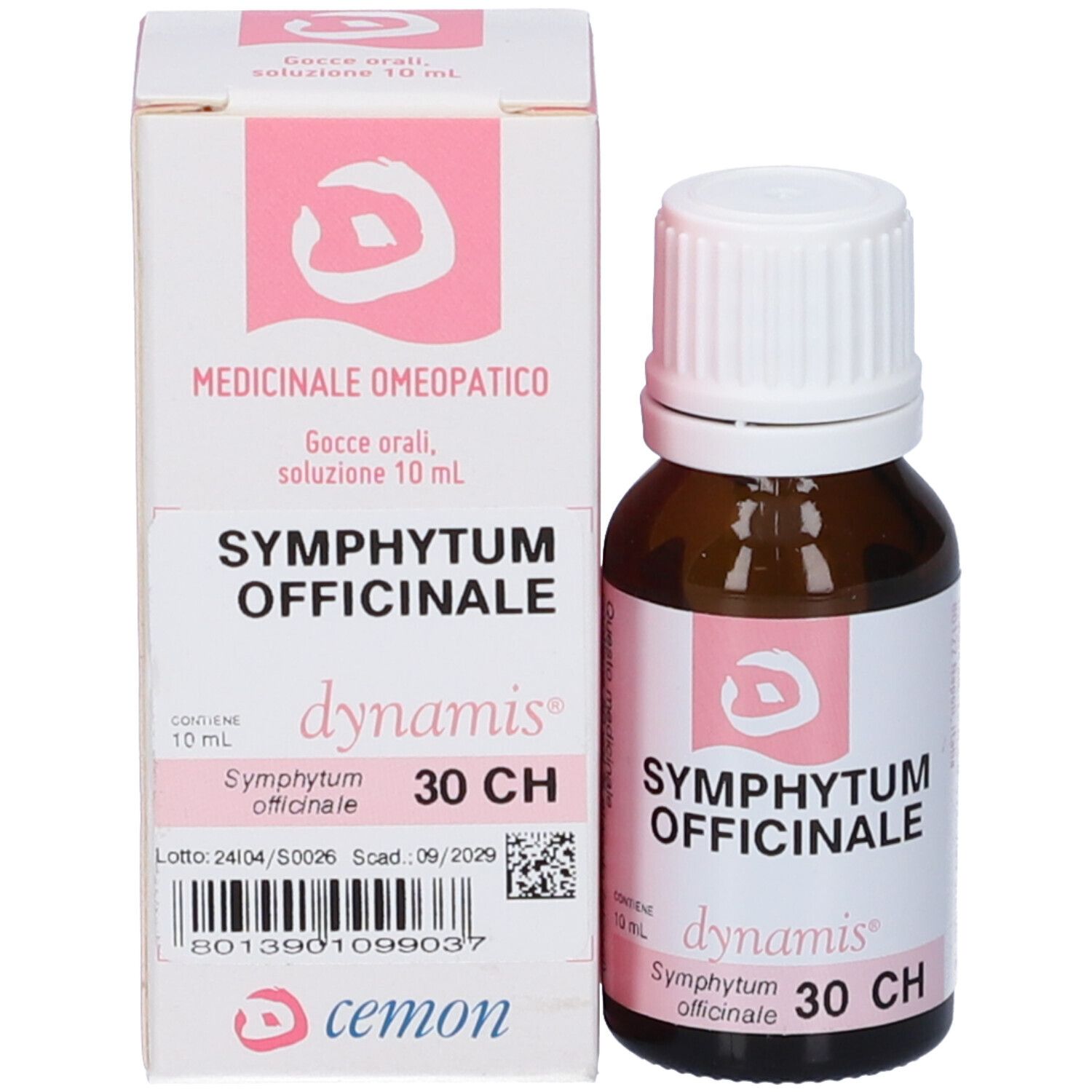 Flacone e scatola del prodotto. Flacone marrone, tappo bianco. Scatola con testo e accento rosa.