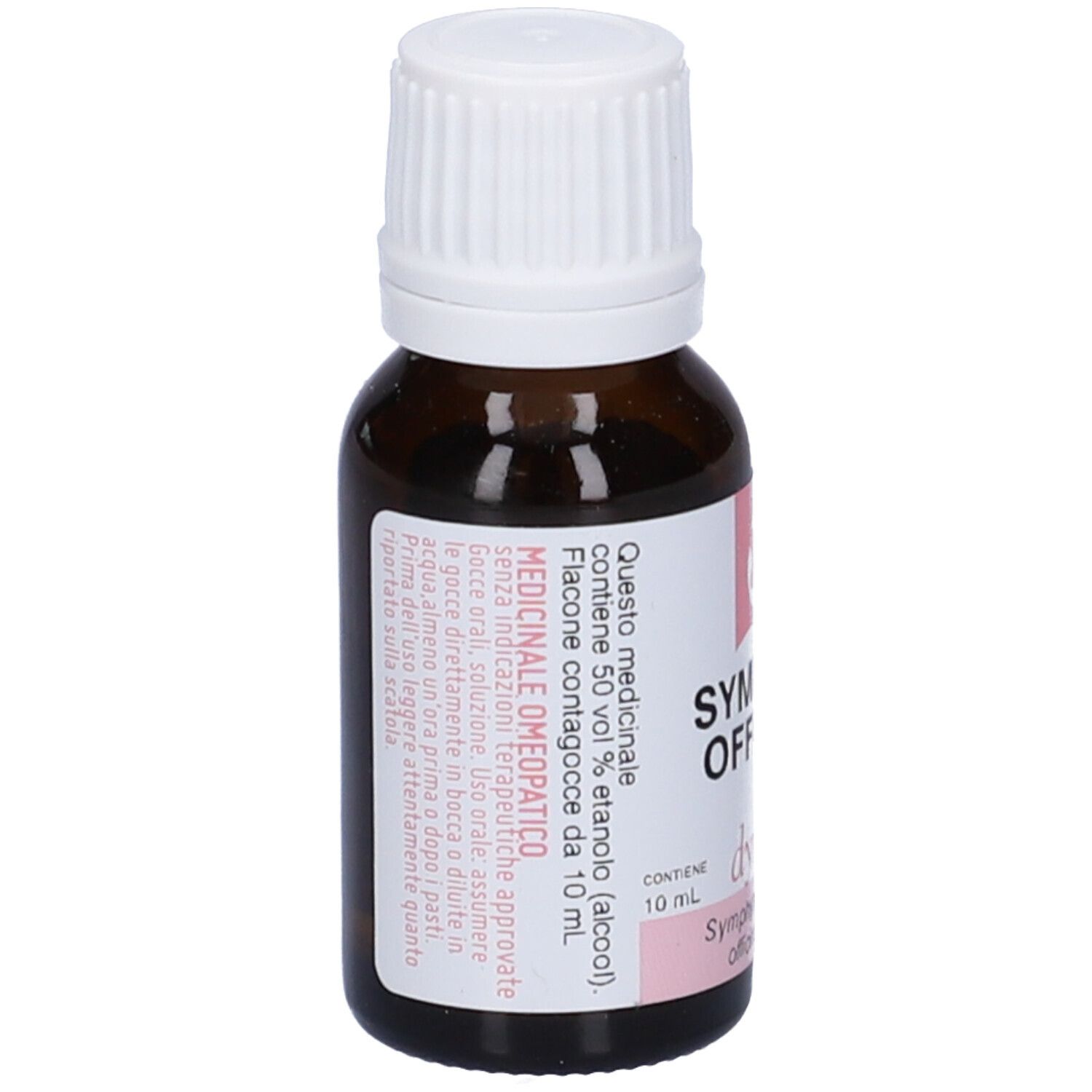 Flacone di vetro marrone con tappo bianco. Etichetta con testo e informazioni. Contiene 10 ml.