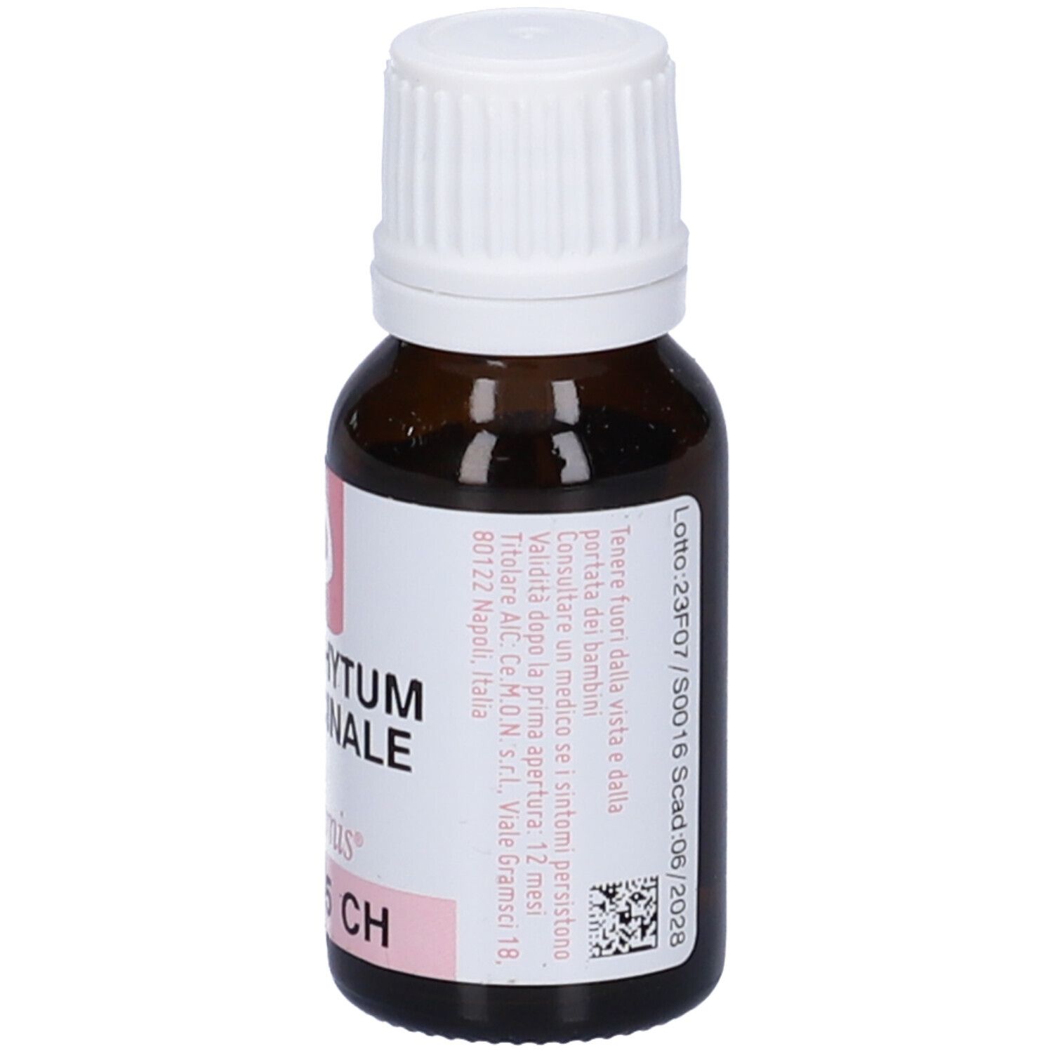 Flacone di vetro marrone con tappo bianco. Etichetta con testo e numero di lotto. Contiene 10 ml.