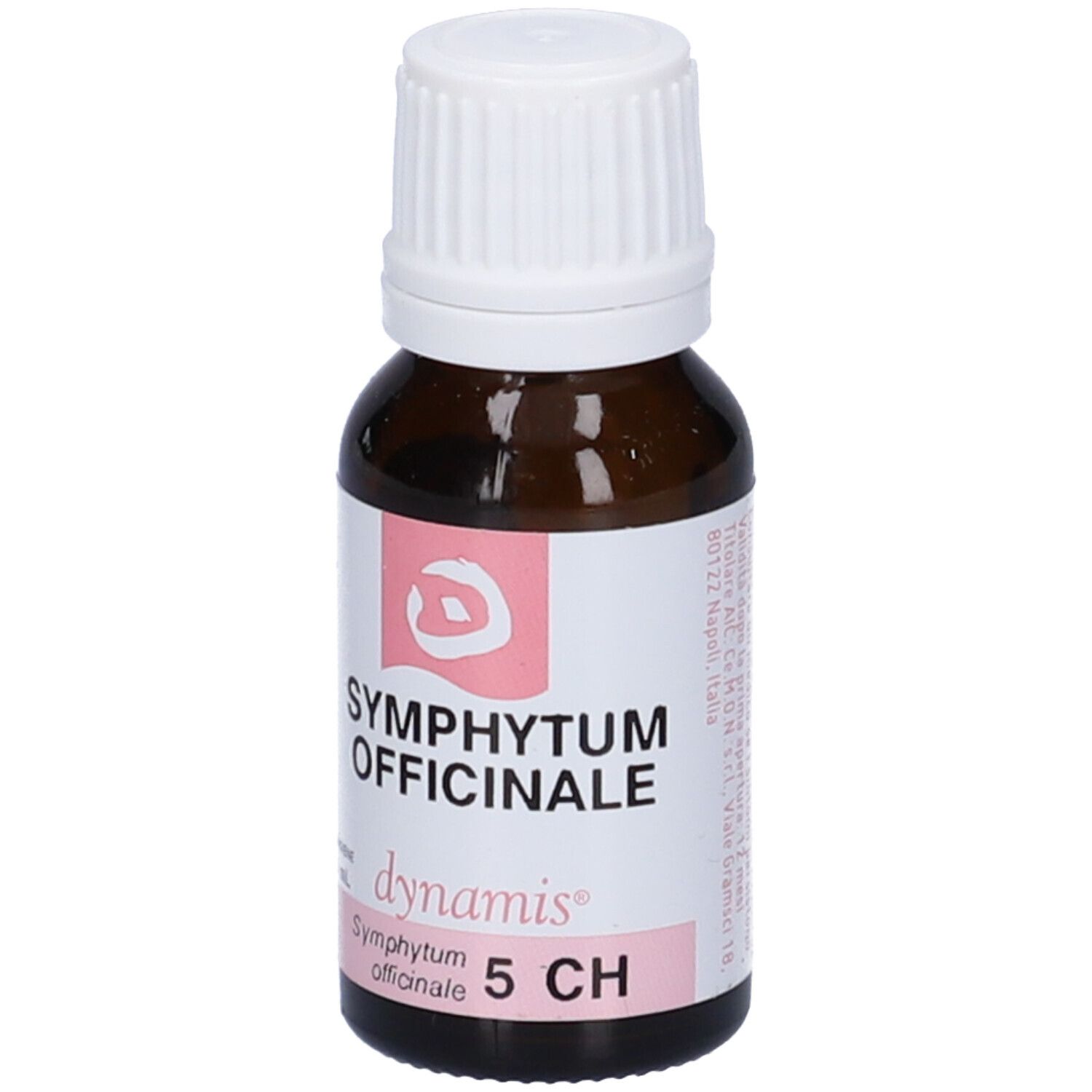 Flacone di vetro marrone con tappo bianco. Etichetta con testo: Symphytum Officinale 5 CH. Marchio: dynamis.