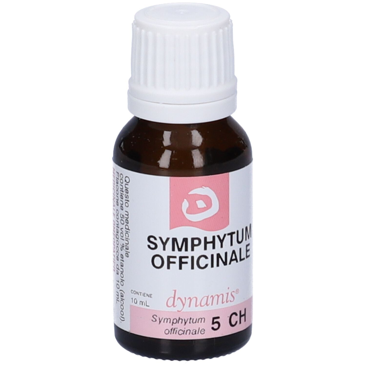 Flacone di vetro marrone con tappo bianco. Etichetta con testo e informazioni. Contiene 10 ml.
