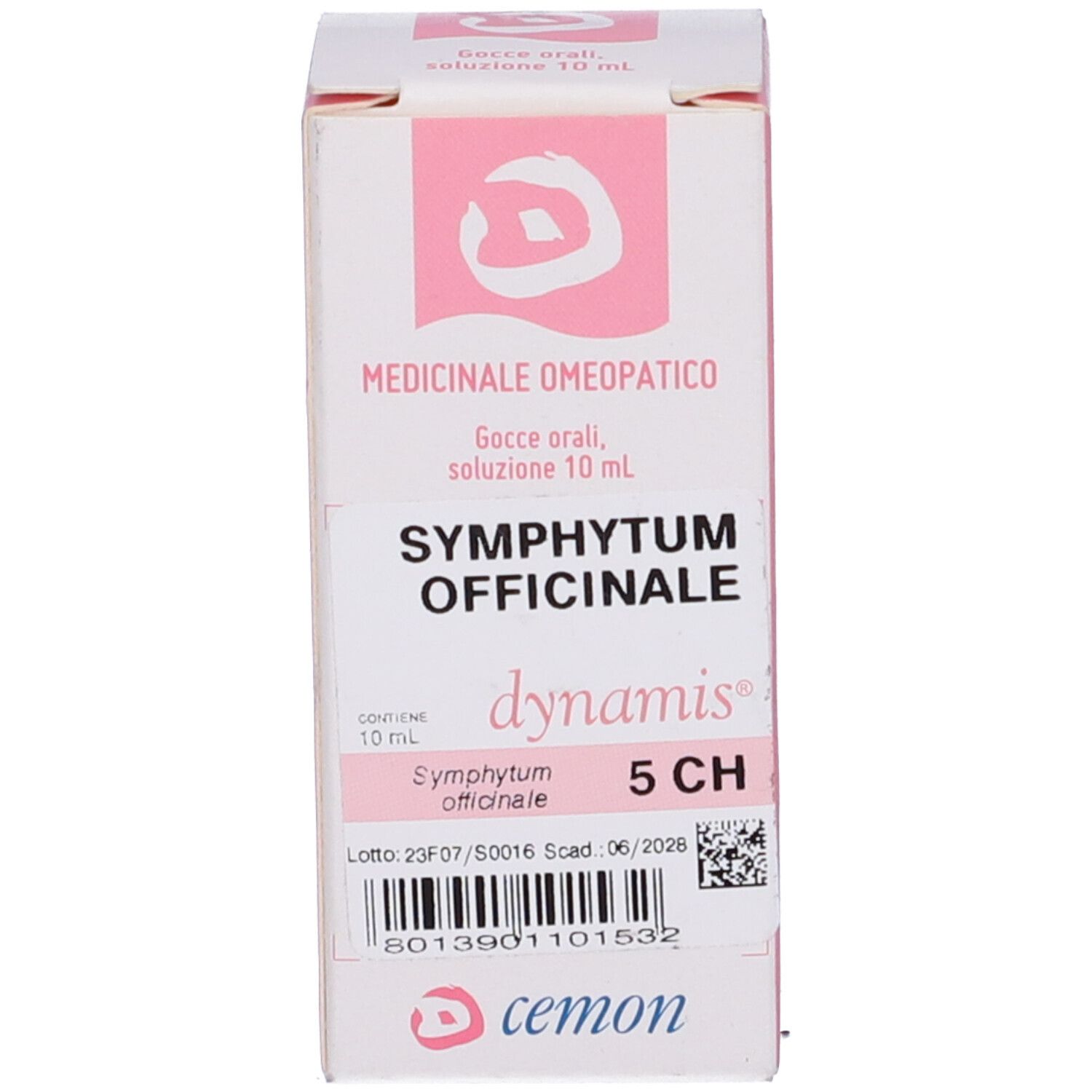 Confezione bianca con accenti rosa. Testo: Symphytum Officinale 5 CH. Marchio: cemon.