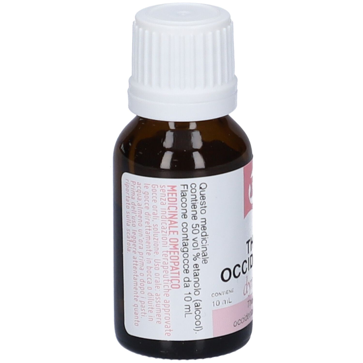 Flacone di vetro marrone con tappo bianco. Etichetta con testo, tra cui 'THUYA OCCIDENTALIS' e '30 CH'.