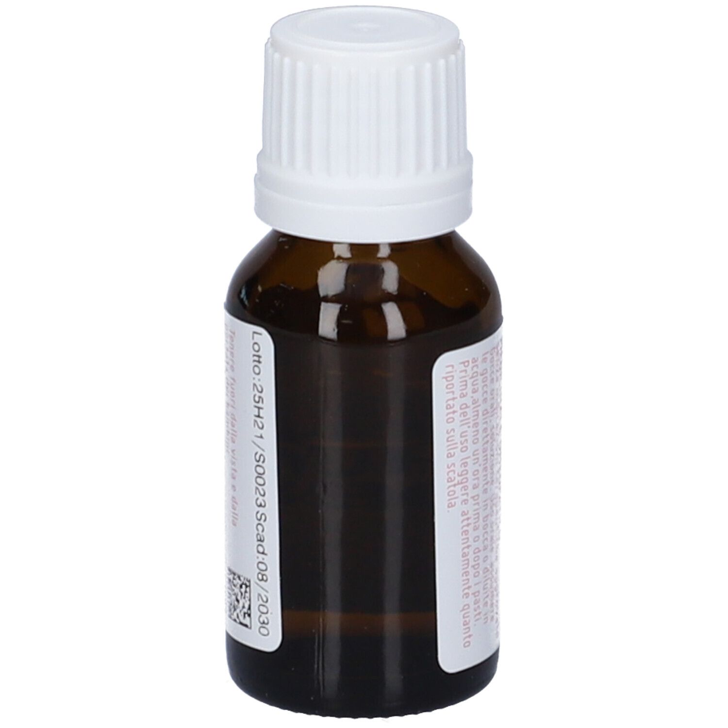 Flacone di vetro marrone con tappo bianco. Retro con testo e numero di lotto. Etichetta con testo.