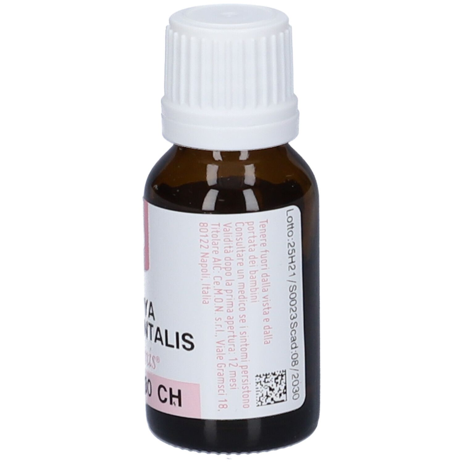 Flacone di vetro marrone con tappo bianco. Etichetta con testo, numero di lotto e codice QR. Logo rosa.