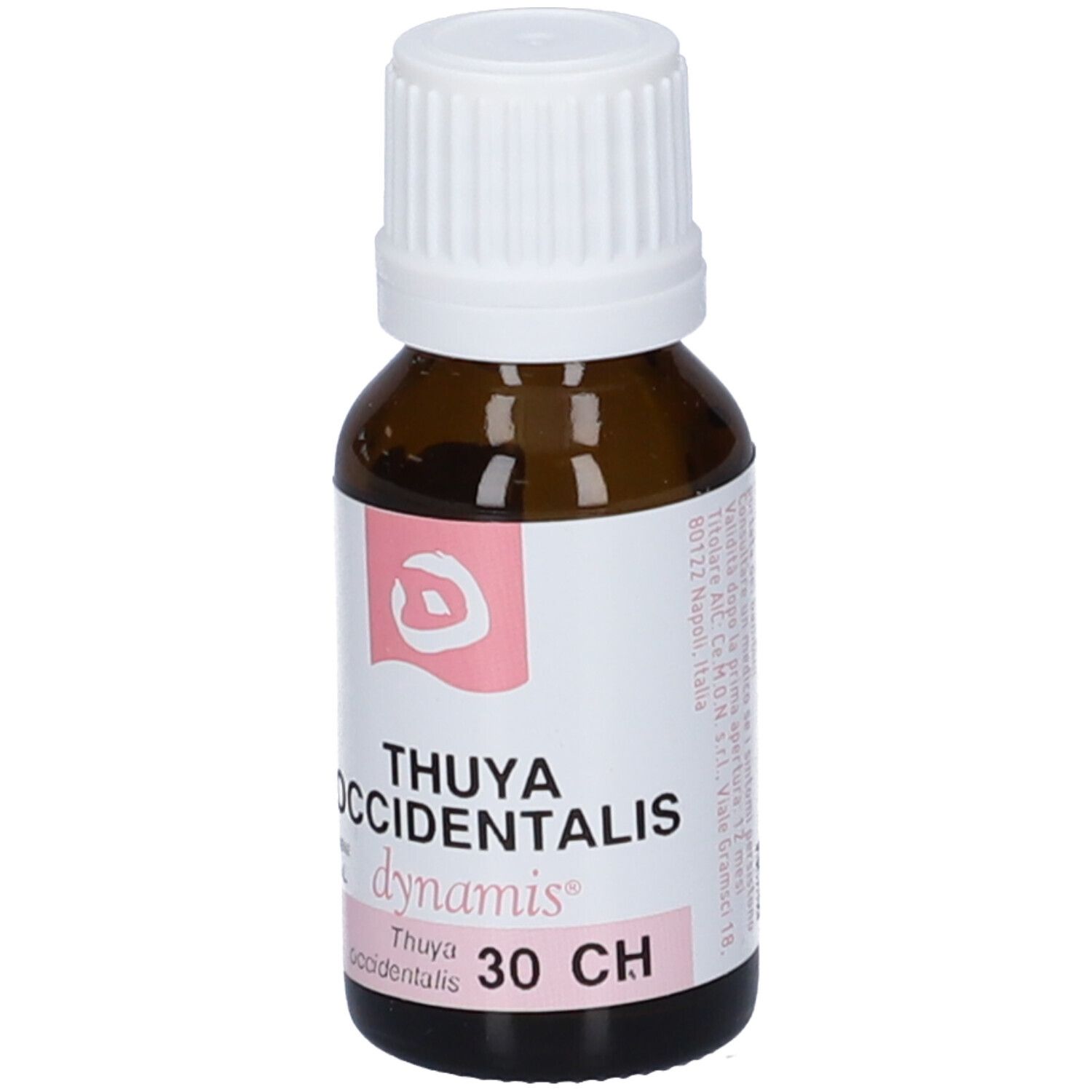 Flacone di vetro marrone con tappo bianco. Etichetta con nome del prodotto, '30 CH' e logo rosa. Scritta Dynamis.