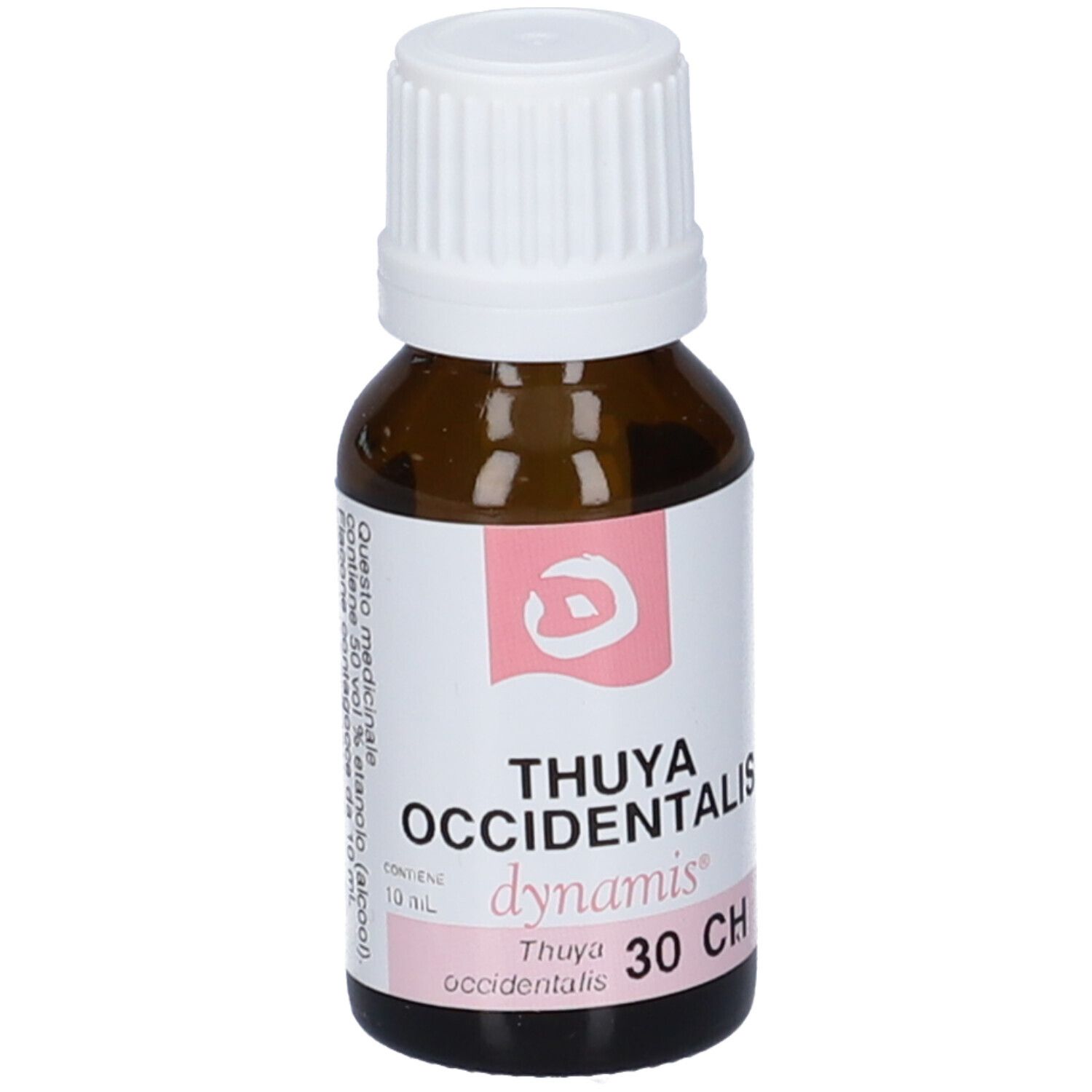 Flacone di vetro marrone con tappo bianco. Etichetta con nome del prodotto, '30 CH' e logo rosa. '10 ml' visibile.