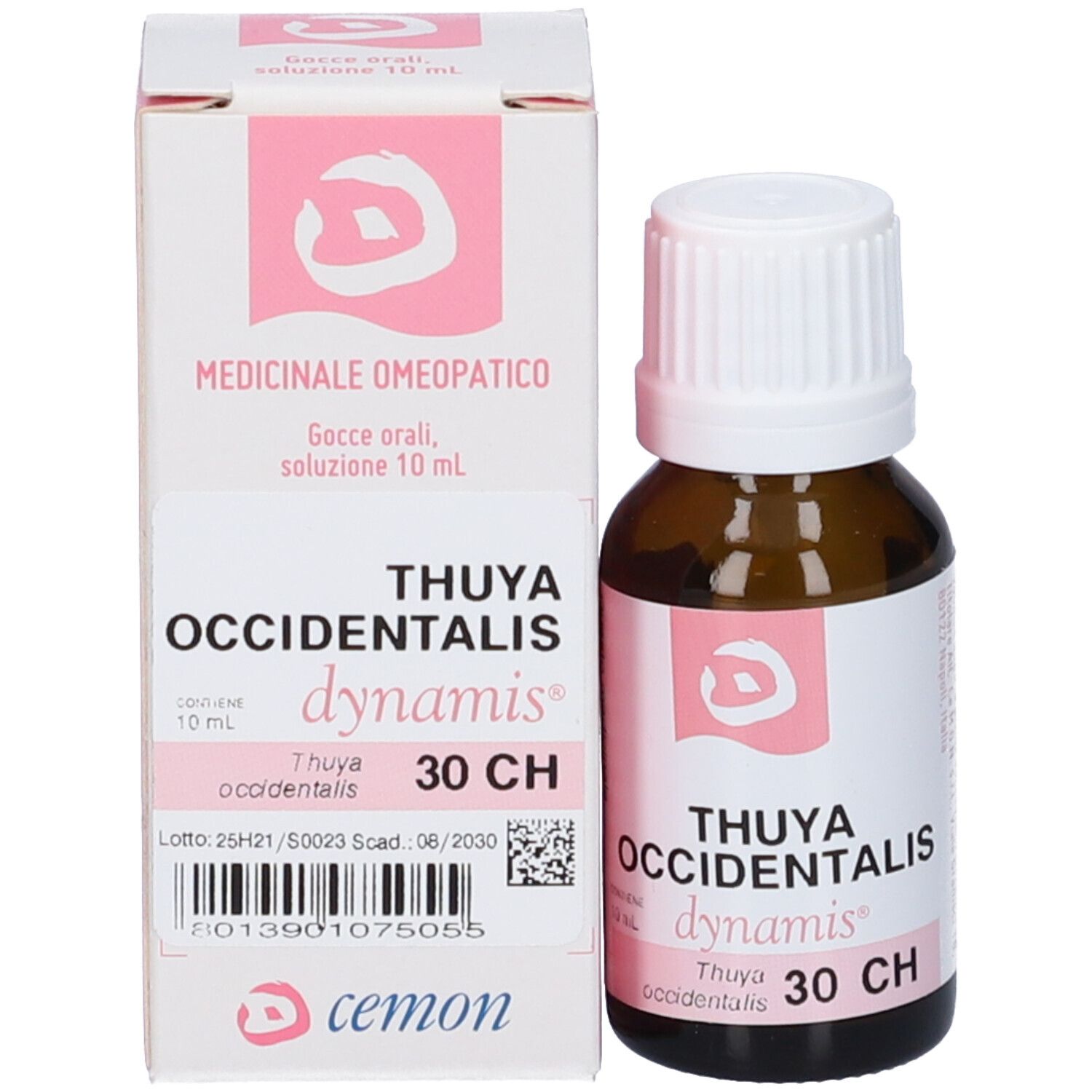 Flacone e confezione del prodotto. Flacone con tappo bianco, etichetta. Confezione con testo e logo.