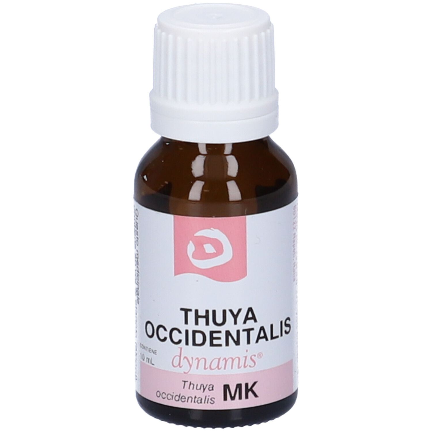Flacone contagocce marrone con tappo bianco. Etichetta rosa: THUYA OCCIDENTALIS, dynamis, MK.
