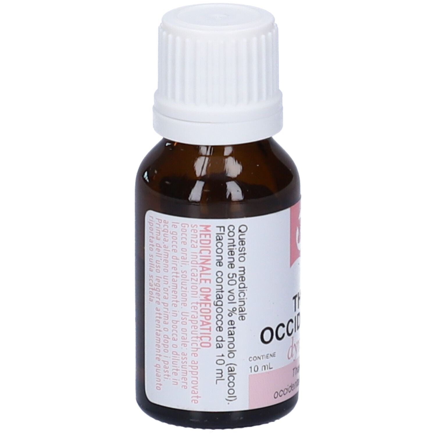 Flacone contagocce marrone con tappo bianco. Etichetta rosa con testo.