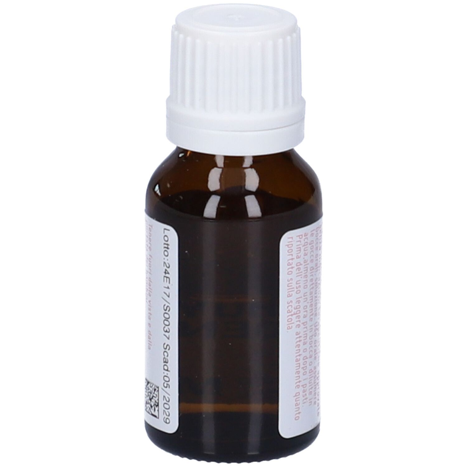 Flacone contagocce marrone con tappo bianco. Etichetta rosa con testo e scadenza.
