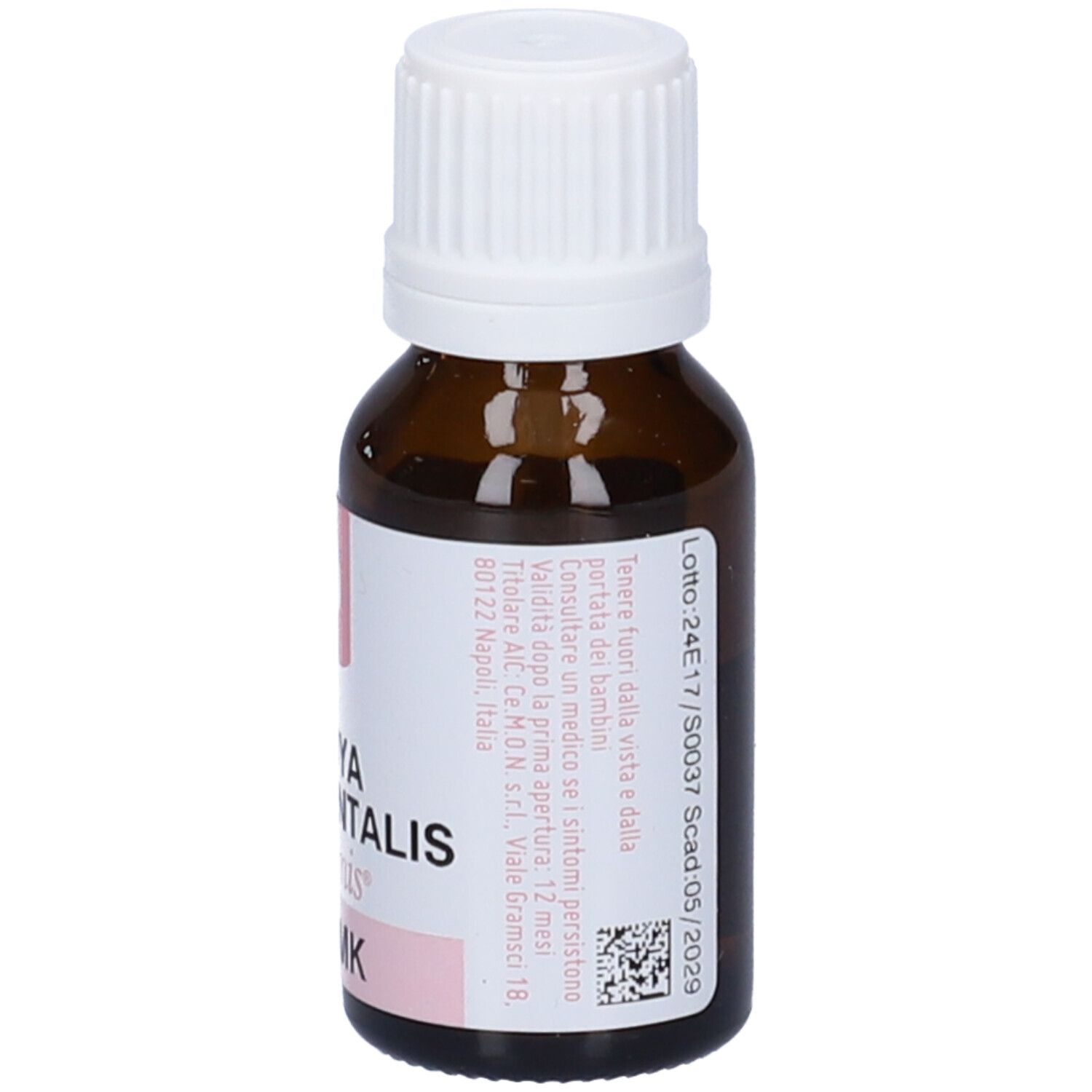 Flacone contagocce marrone con tappo bianco. Etichetta rosa con testo e scadenza.