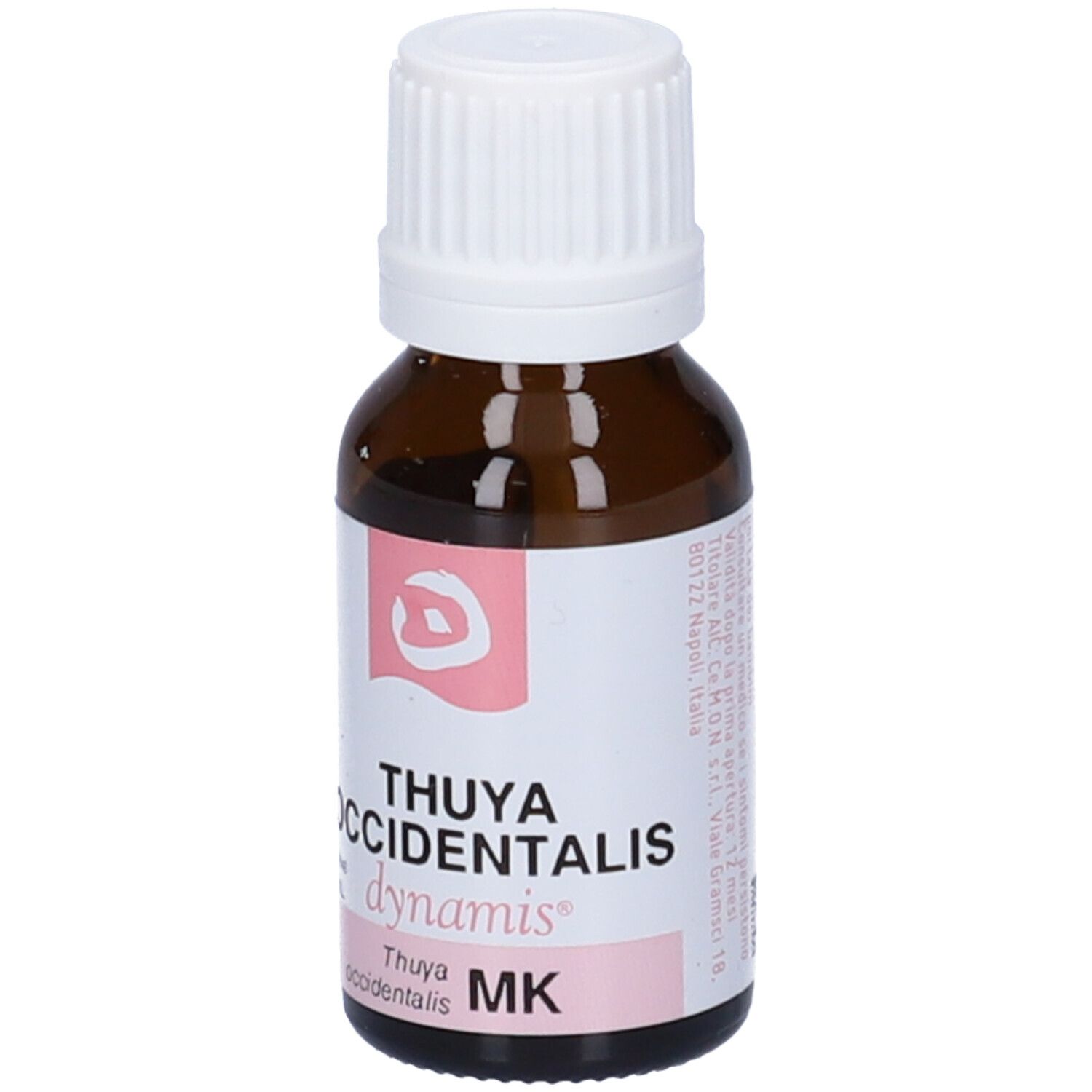 Flacone contagocce marrone con tappo bianco. Etichetta rosa: THUYA OCCIDENTALIS, dynamis, MK.
