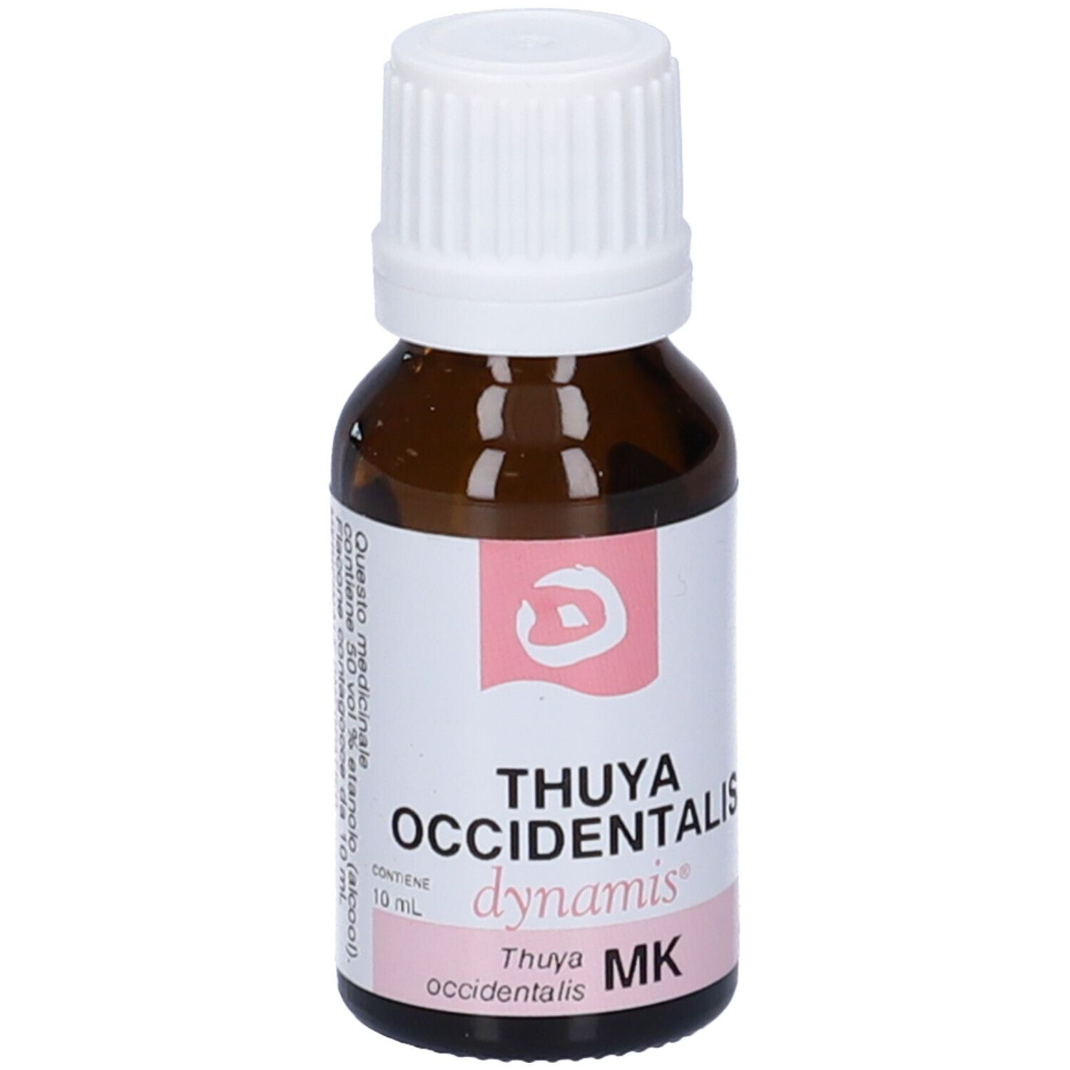 Flacone contagocce marrone con tappo bianco. Etichetta rosa: THUYA OCCIDENTALIS, dynamis, MK.