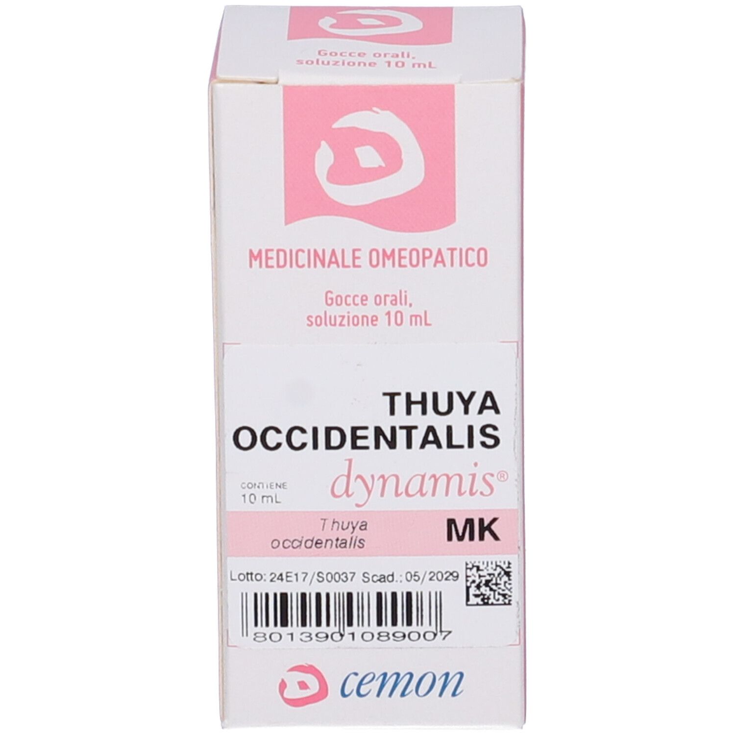 Scatola con scritte: THUYA OCCIDENTALIS, dynamis, MK, cemon.